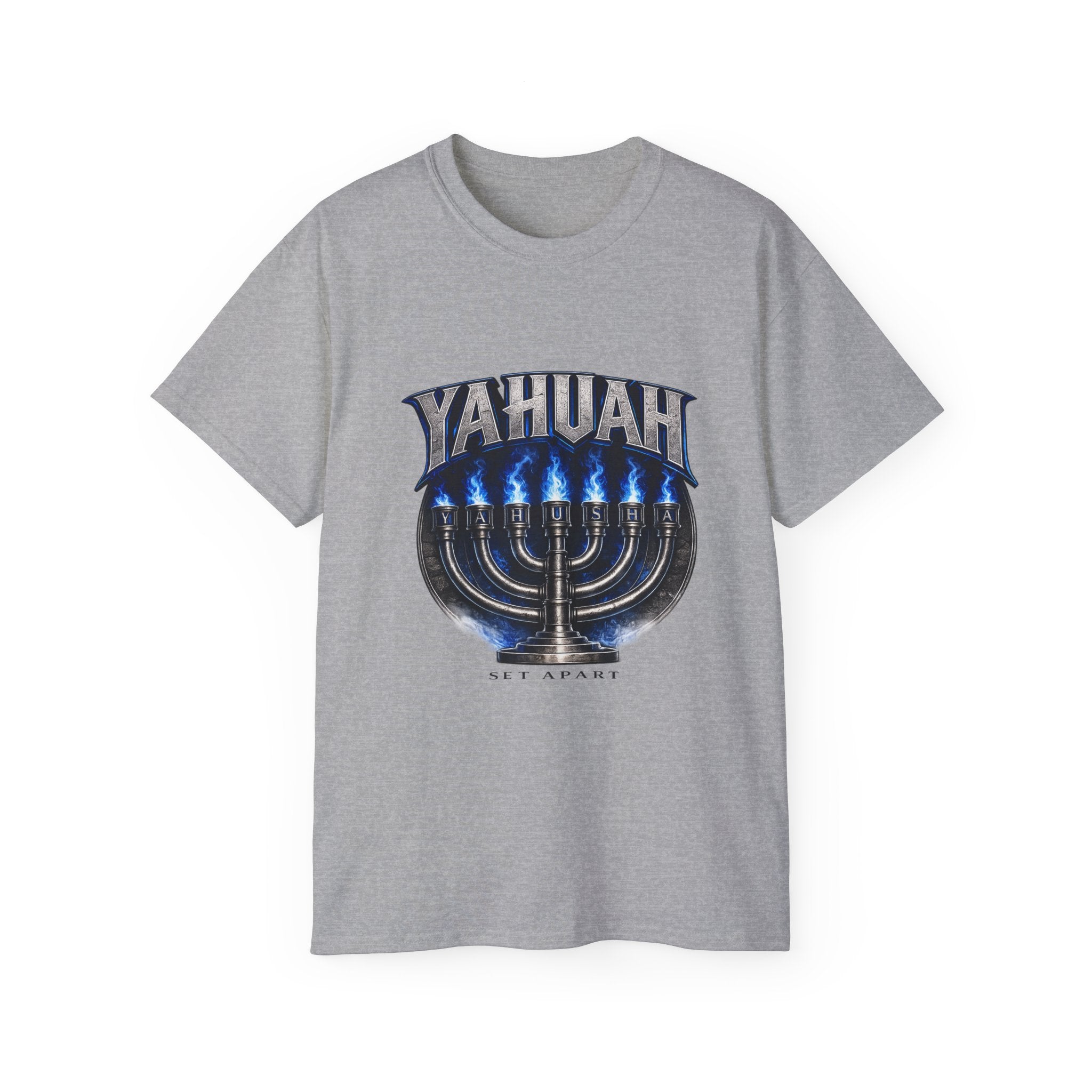 Yahuah Menorah T-Shirt — Yahuah Graphic Tee with Blue Flame Menorah