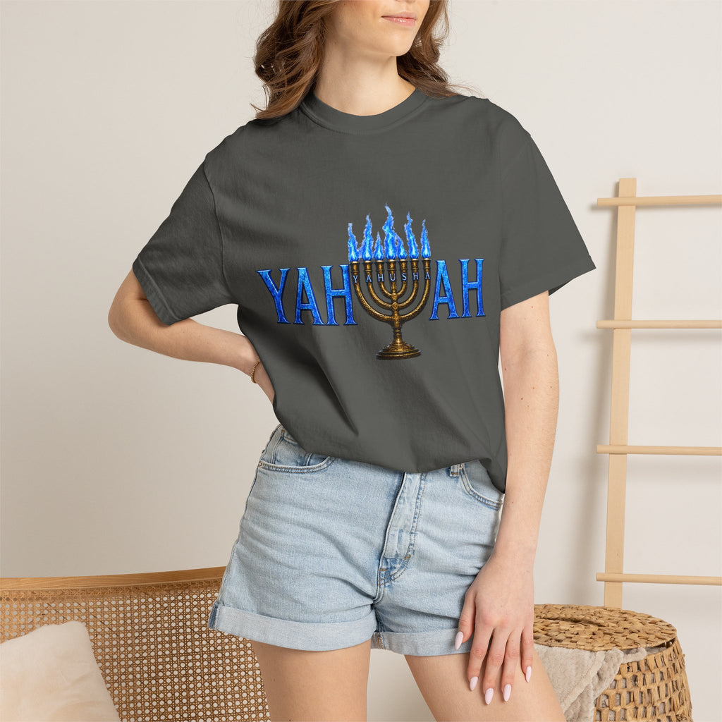 Yahuah Menorah Shirt with Yahusha the son's Name on the Menorah