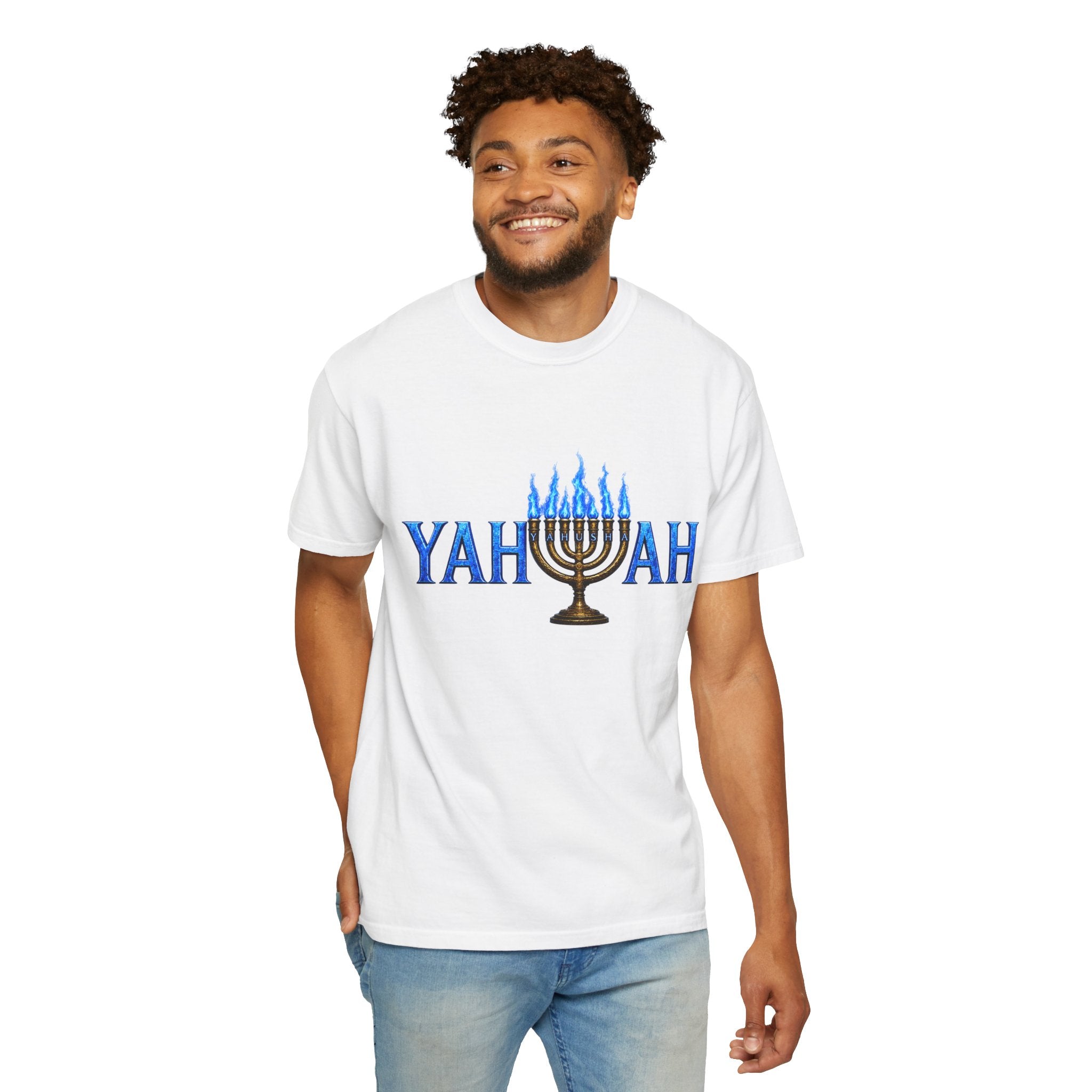 Yahuah Menorah Shirt with Yahusha the son's Name on the Menorah