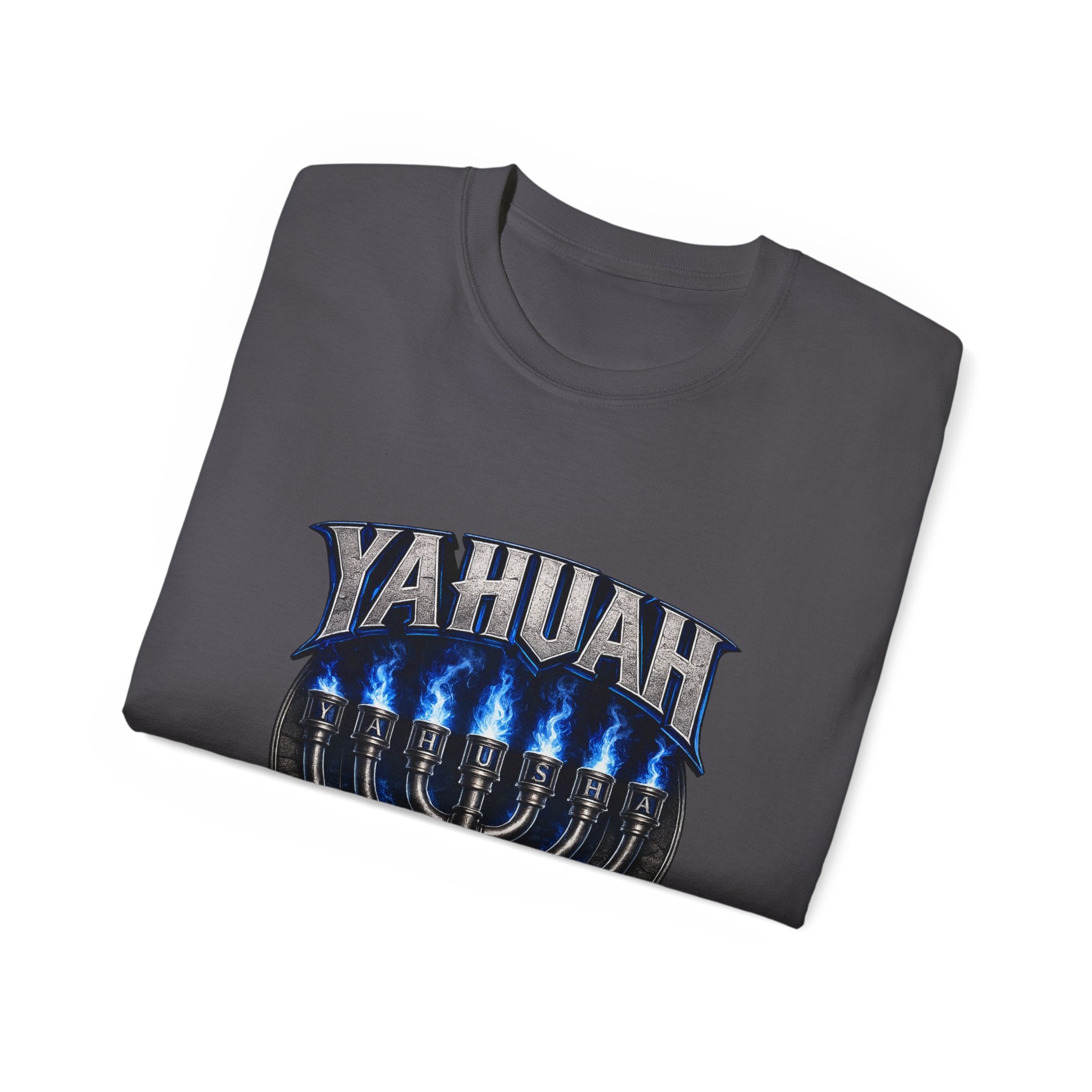 Yahuah Menorah T-Shirt — Yahuah Graphic Tee with Blue Flame Menorah