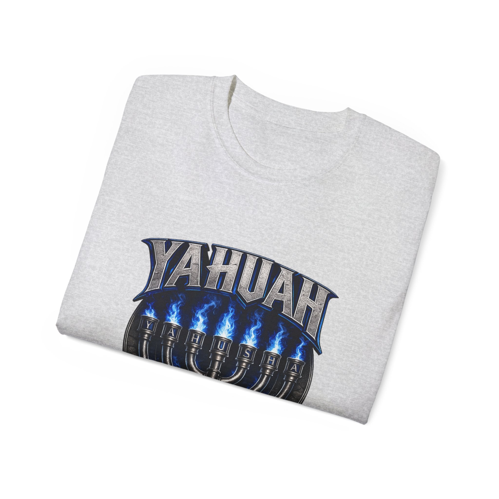Yahuah Menorah T-Shirt — Yahuah Graphic Tee with Blue Flame Menorah