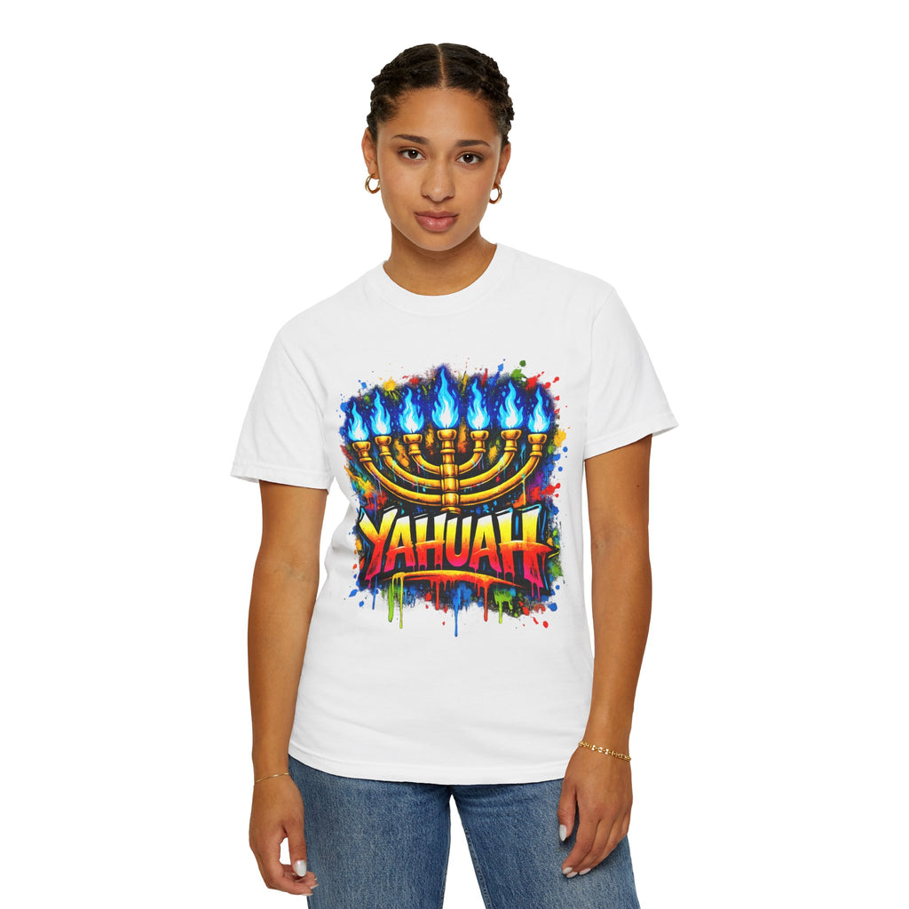 Menorah Graffiti T-Shirt — "YAHUAH" Flame Design