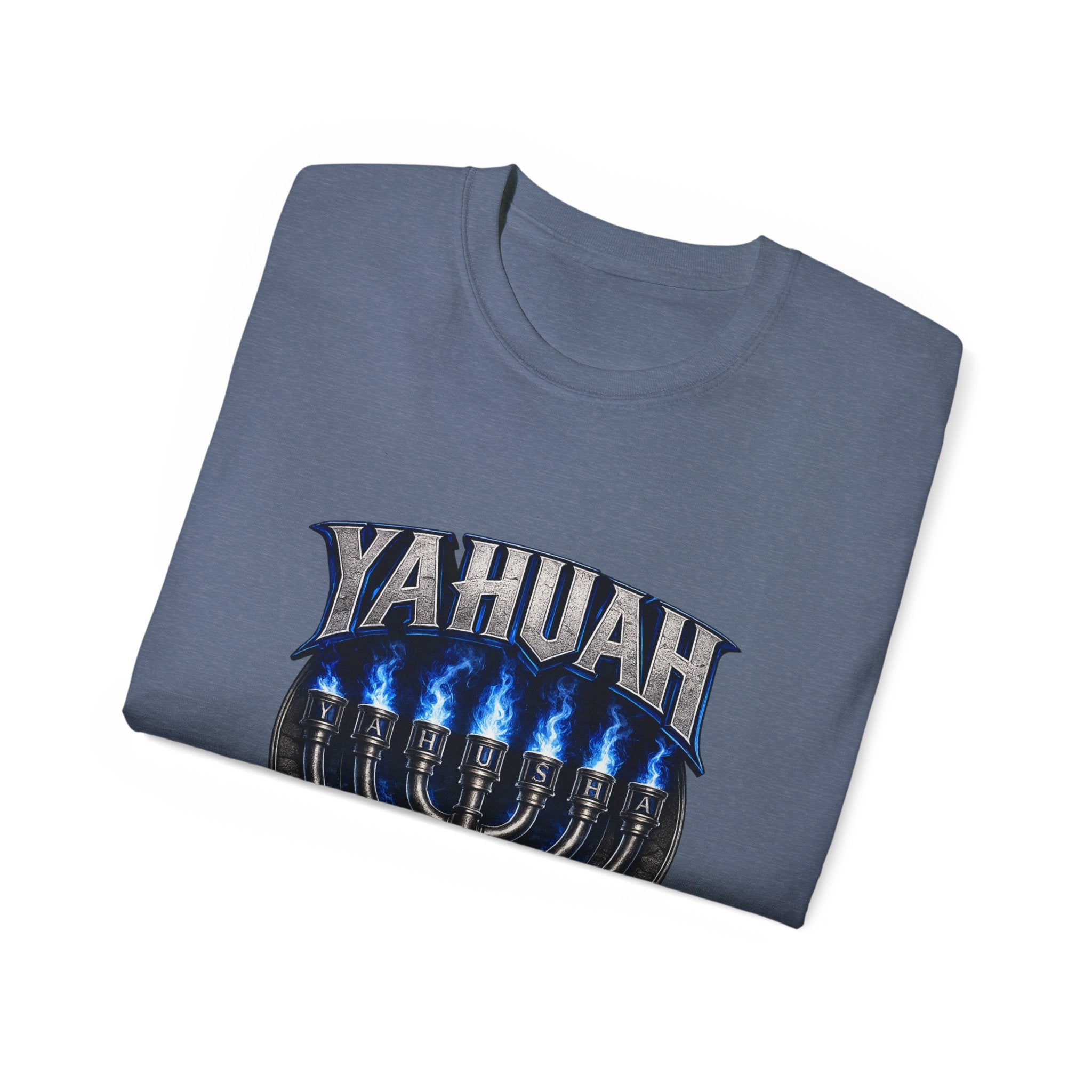 Yahuah Menorah T-Shirt — Yahuah Graphic Tee with Blue Flame Menorah
