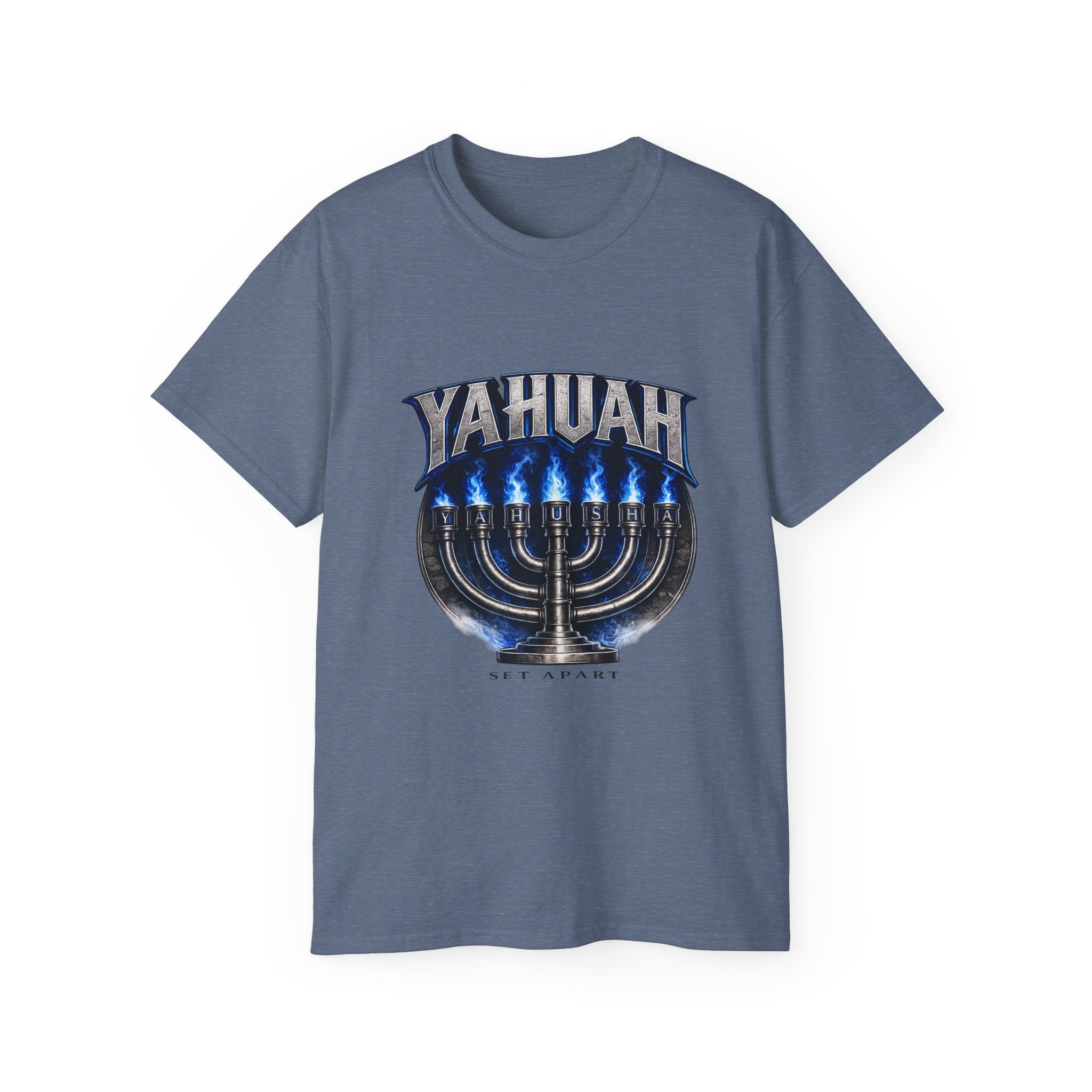 Yahuah Menorah T-Shirt — Yahuah Graphic Tee with Blue Flame Menorah