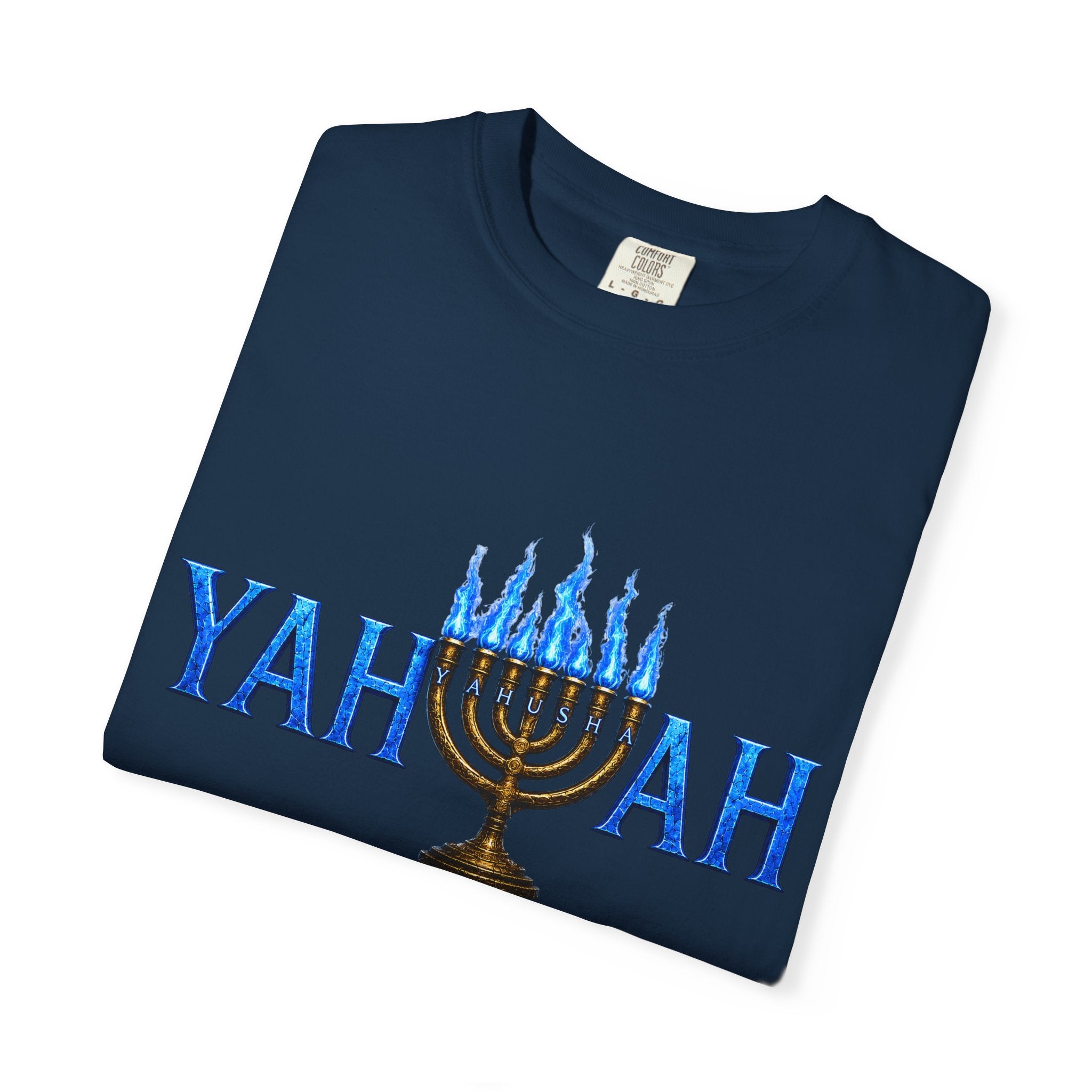 Yahuah Menorah Shirt with Yahusha the son's Name on the Menorah