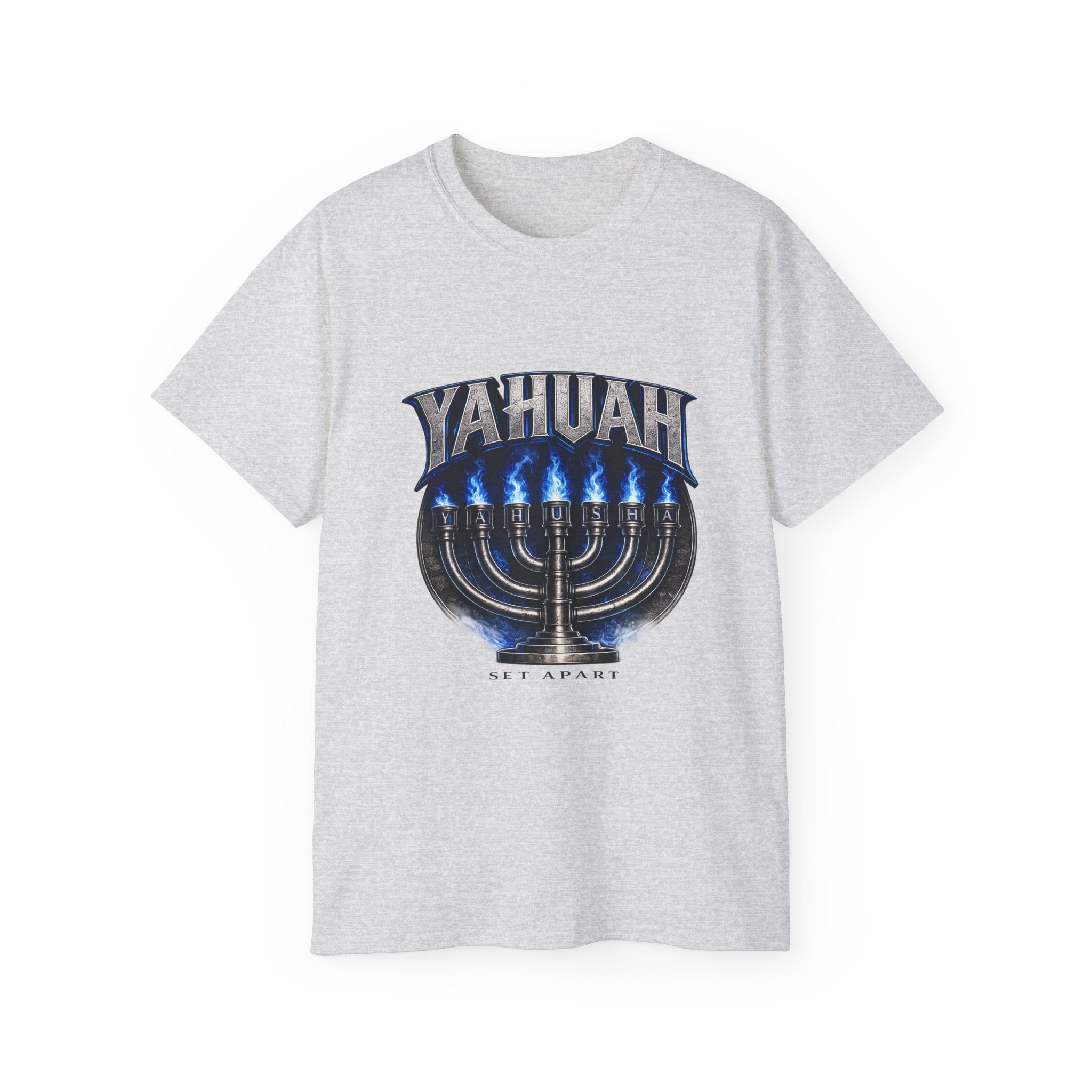 Yahuah Menorah T-Shirt — Yahuah Graphic Tee with Blue Flame Menorah