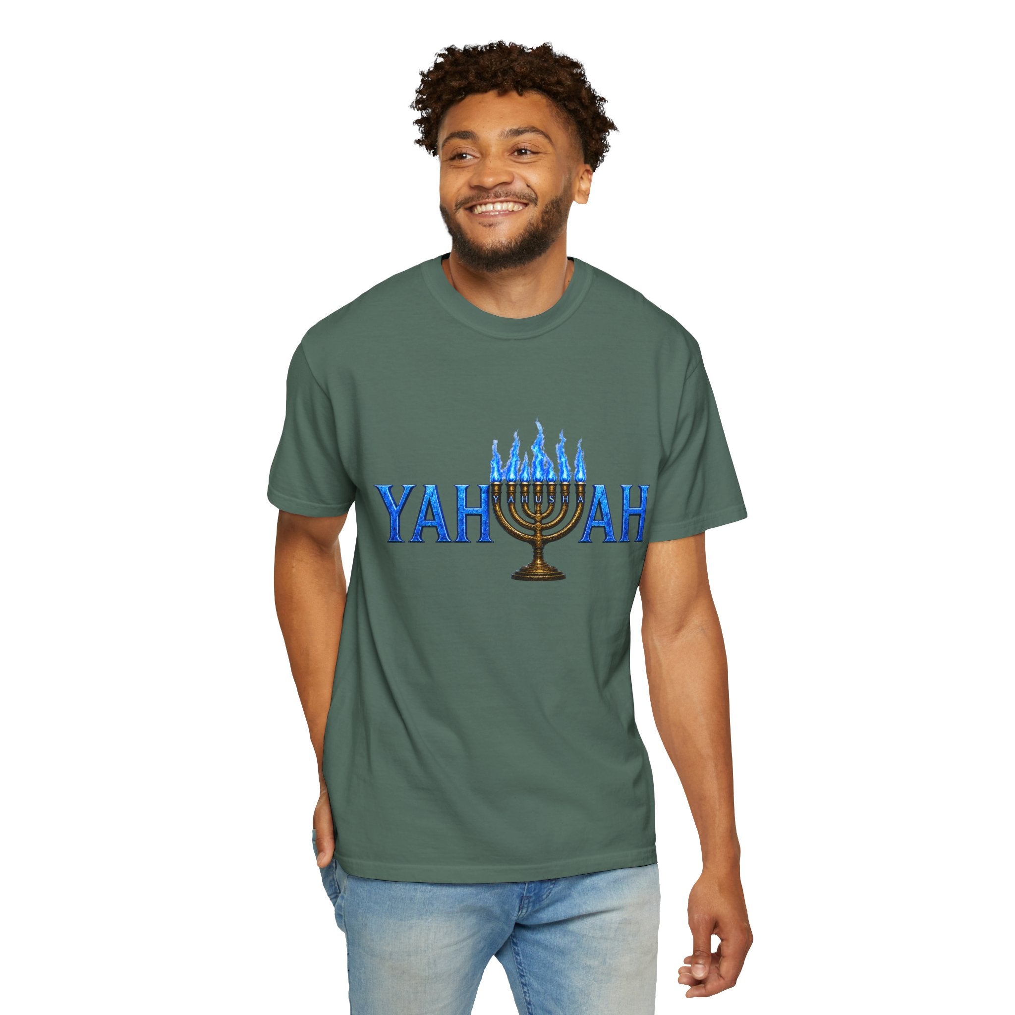 Yahuah Menorah Shirt with Yahusha the son's Name on the Menorah