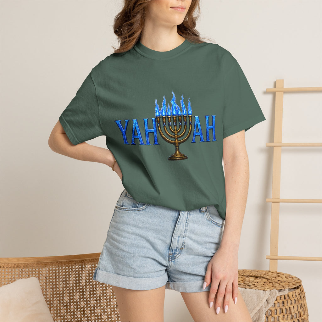 Yahuah Menorah Shirt with Yahusha the son's Name on the Menorah