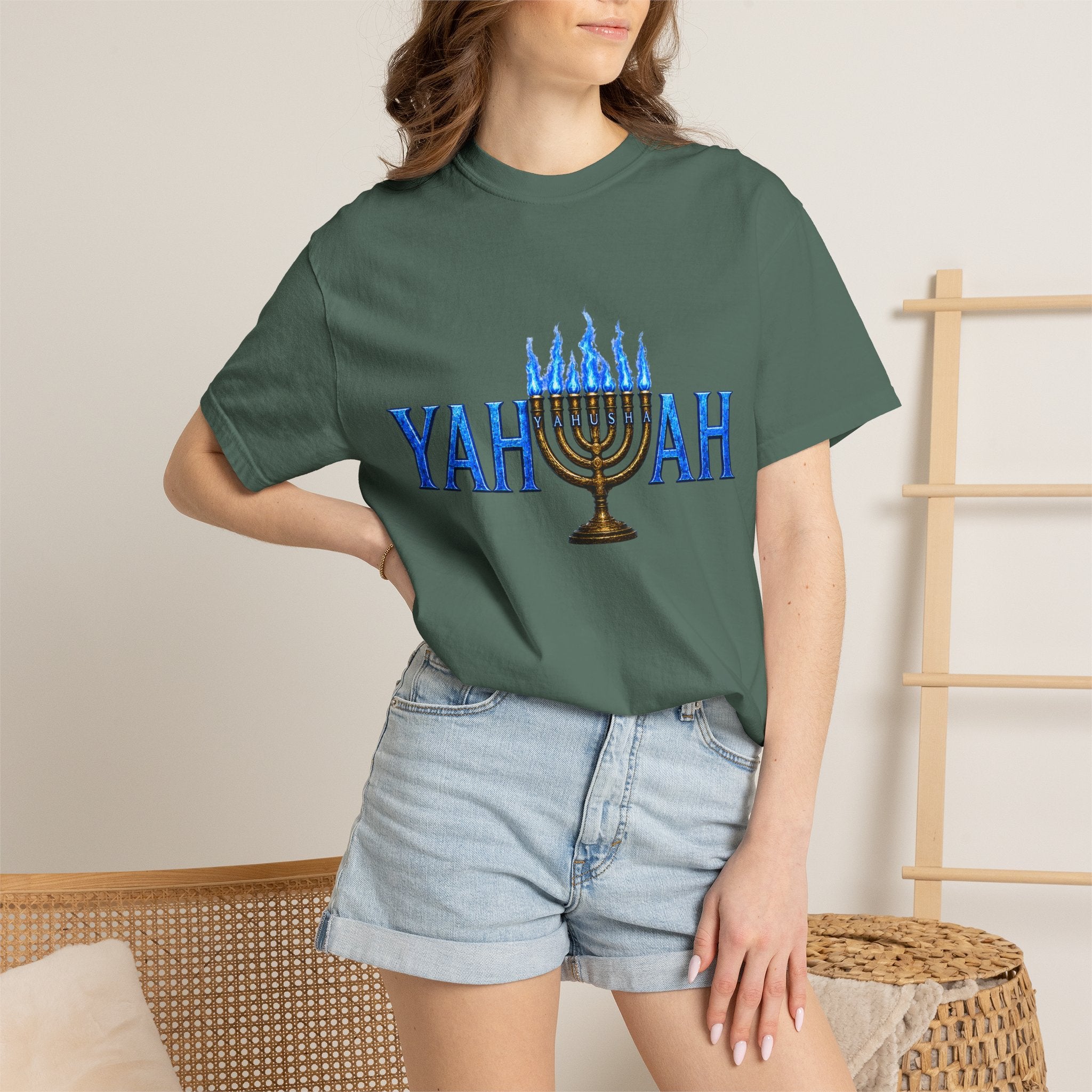 Yahuah Menorah Shirt with Yahusha the son's Name on the Menorah