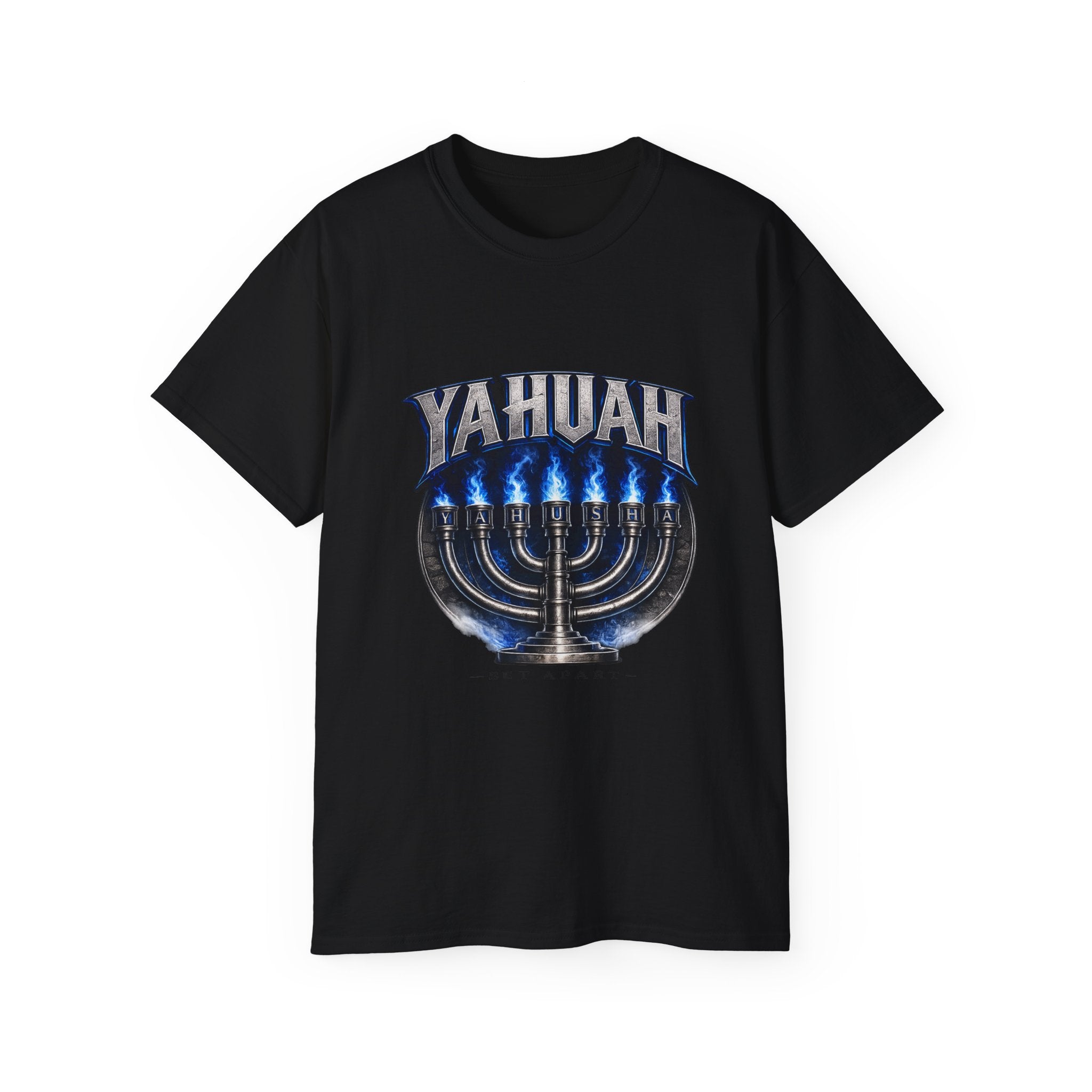 Yahuah Menorah T-Shirt — Yahuah Graphic Tee with Blue Flame Menorah