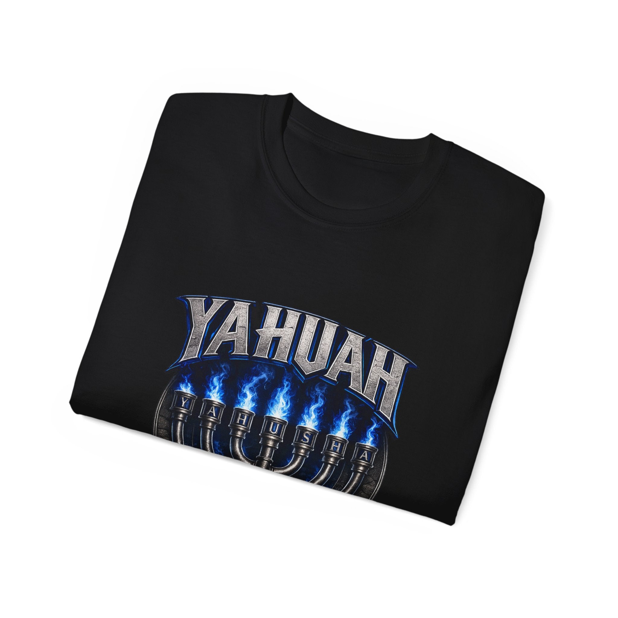 Yahuah Menorah T-Shirt — Yahuah Graphic Tee with Blue Flame Menorah