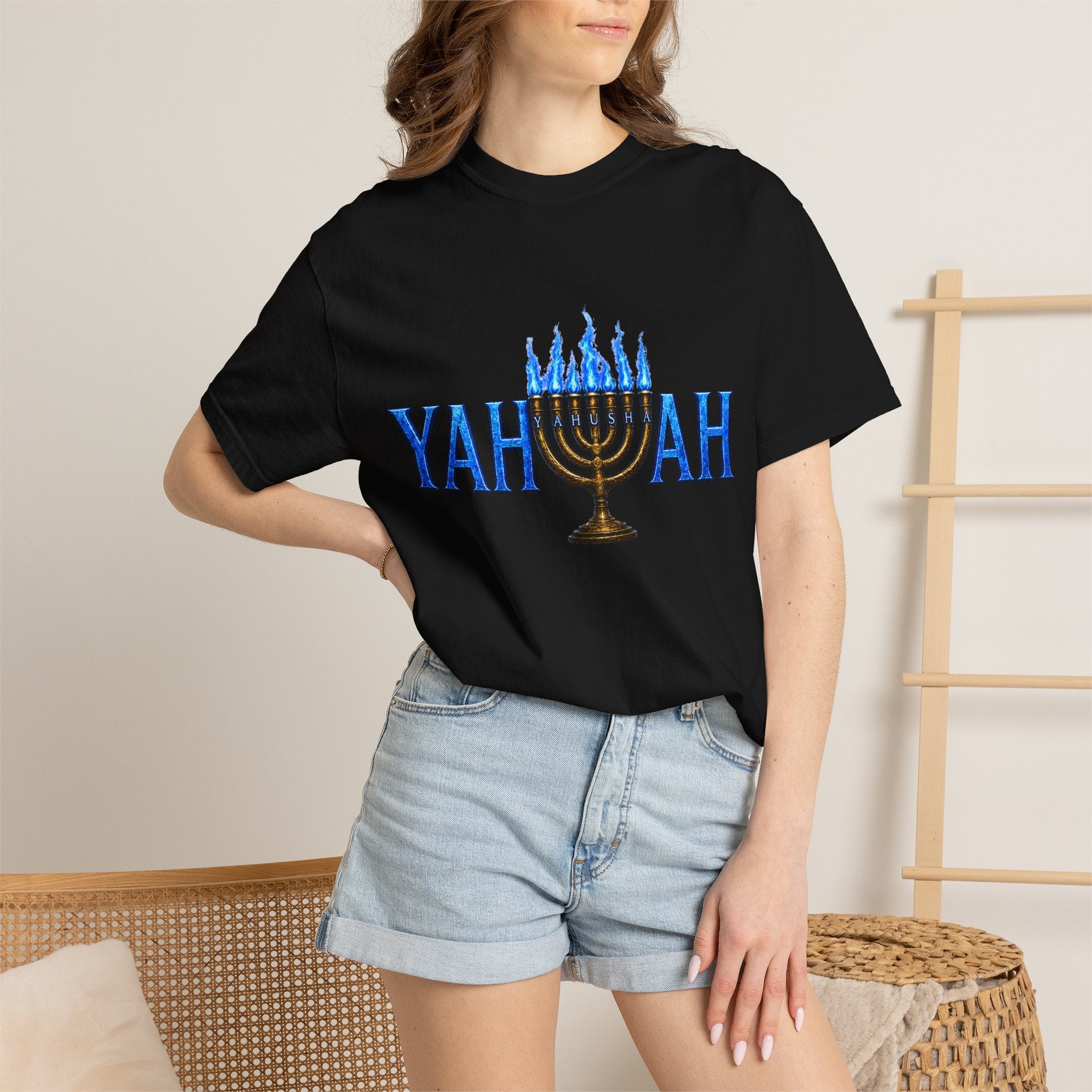 Yahuah Menorah Shirt with Yahusha the son's Name on the Menorah