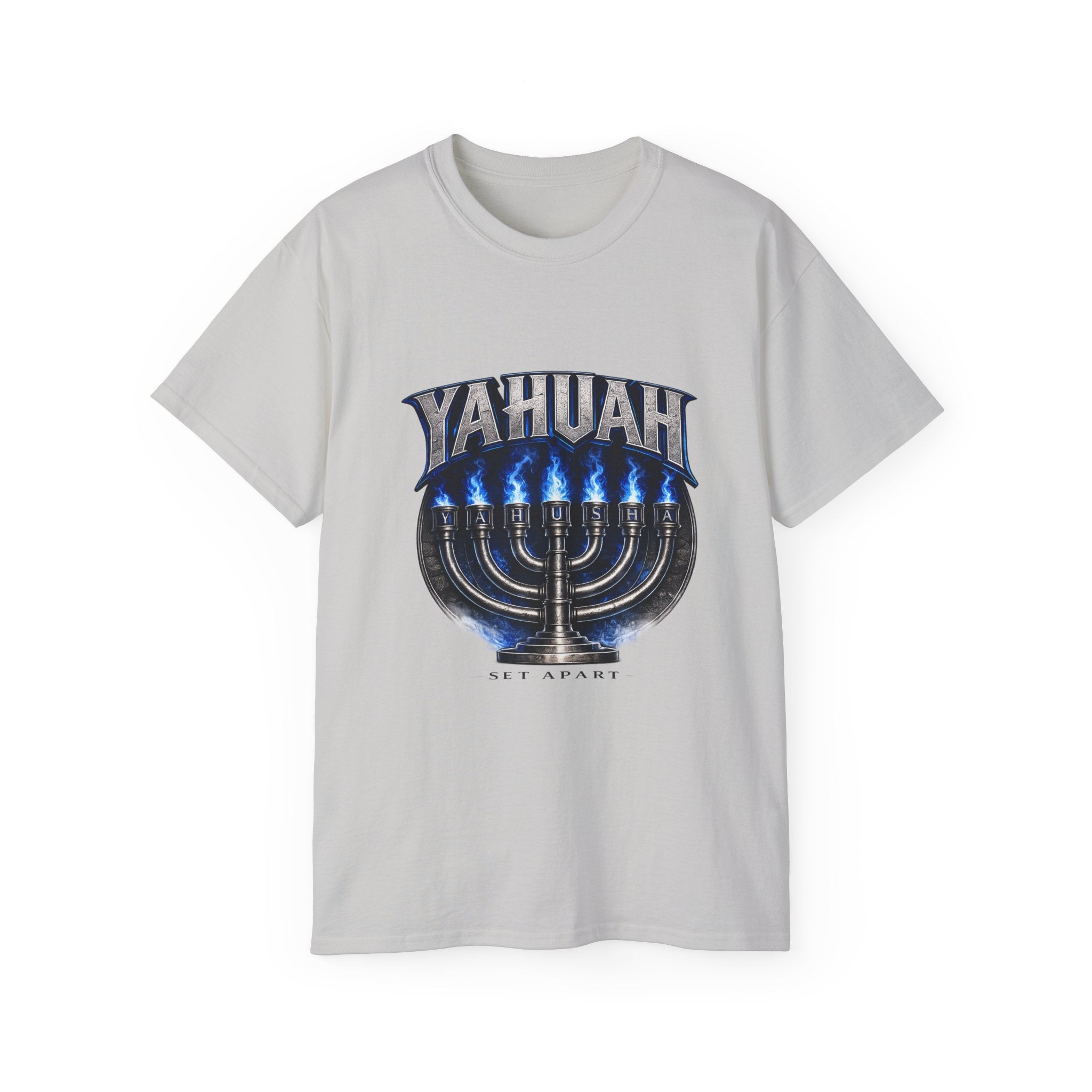 Yahuah Menorah T-Shirt — Yahuah Graphic Tee with Blue Flame Menorah