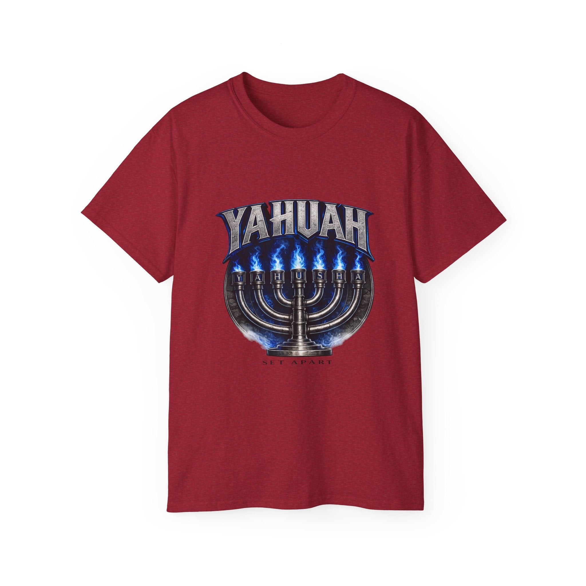 Yahuah Menorah T-Shirt — Yahuah Graphic Tee with Blue Flame Menorah