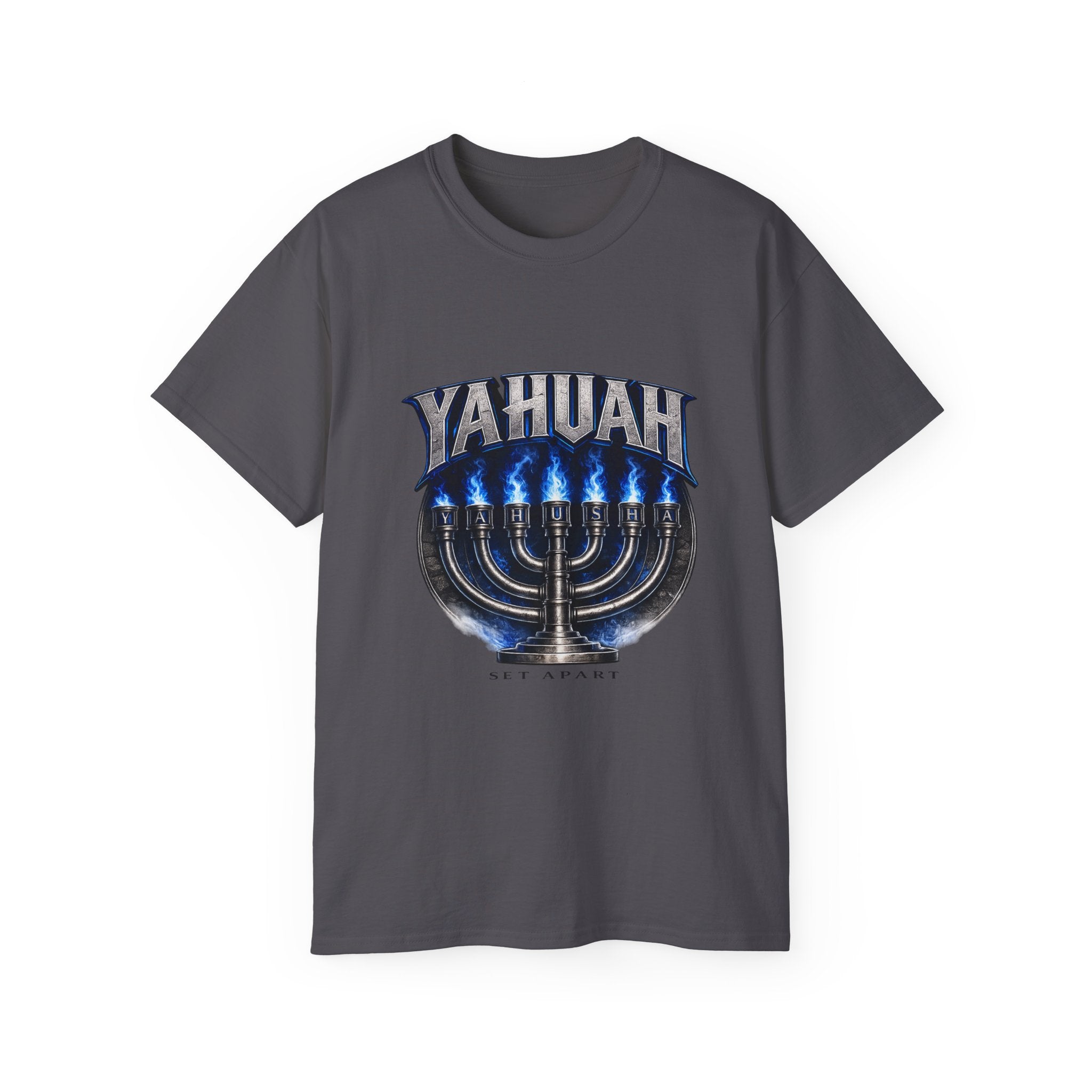 Yahuah Menorah T-Shirt — Yahuah Graphic Tee with Blue Flame Menorah