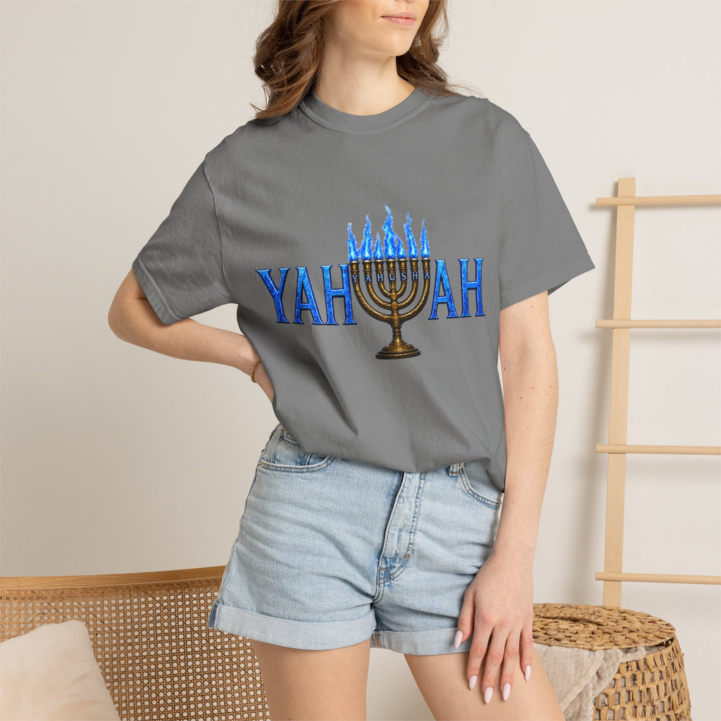 Yahuah Menorah Shirt with Yahusha the son's Name on the Menorah