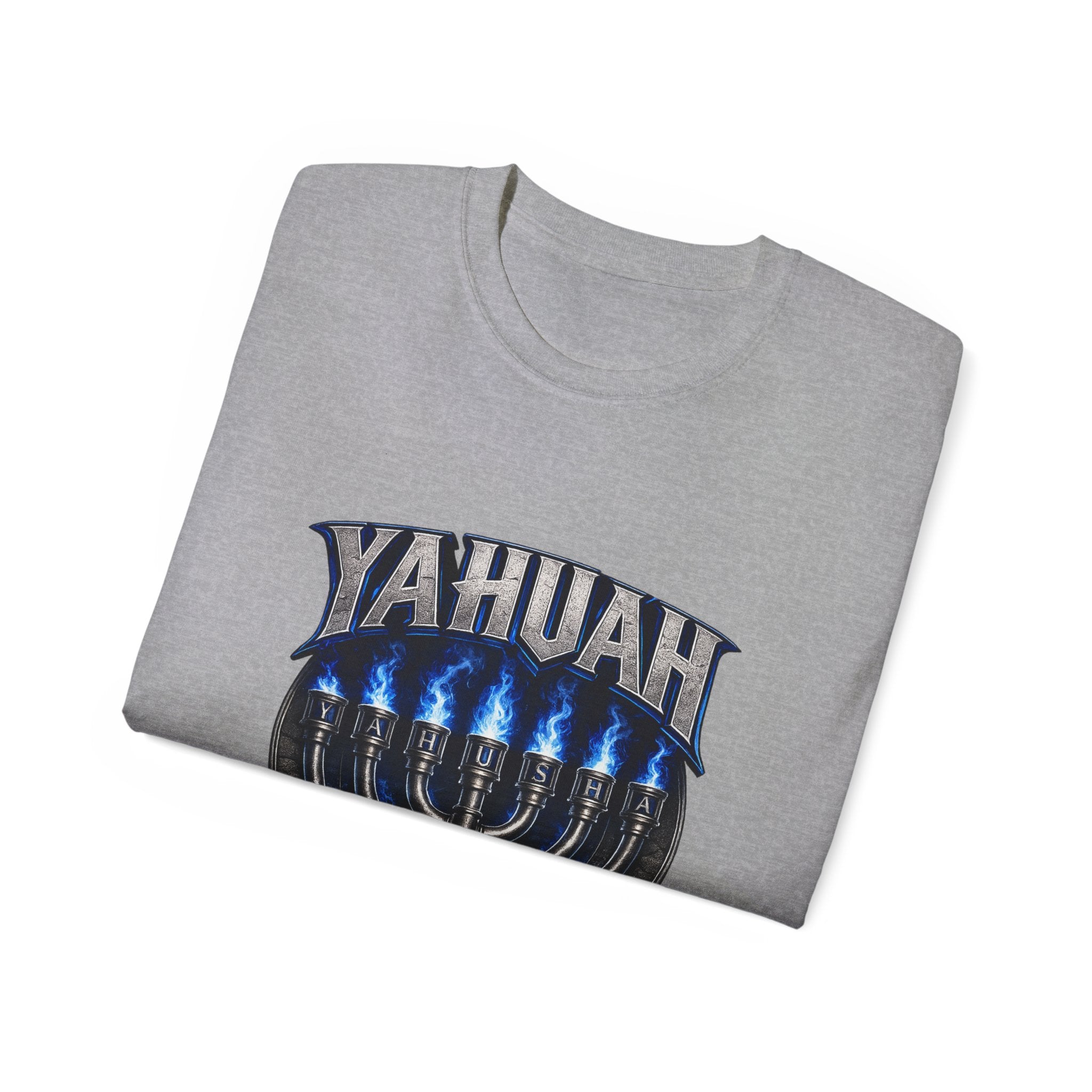 Yahuah Menorah T-Shirt — Yahuah Graphic Tee with Blue Flame Menorah
