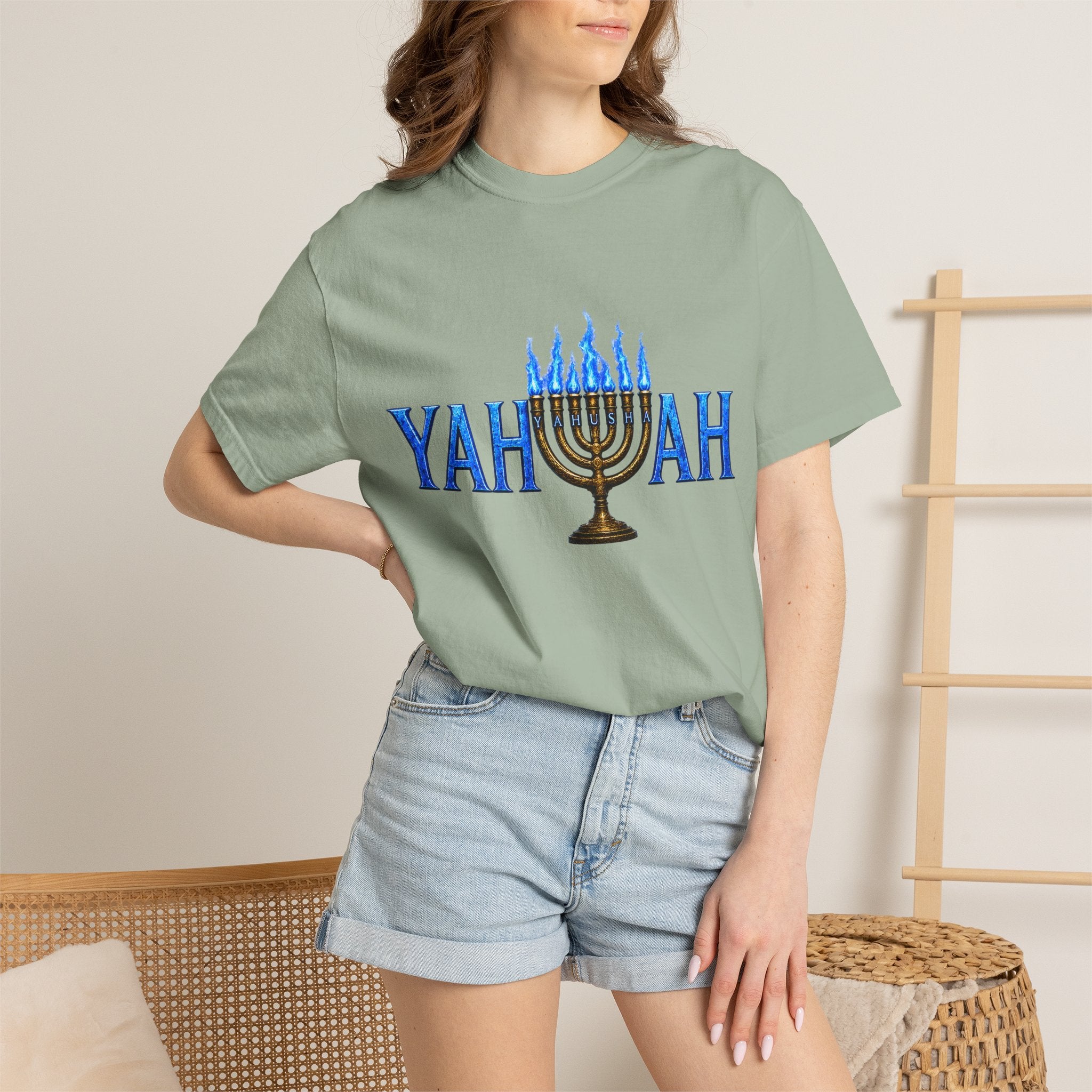 Yahuah Menorah Shirt with Yahusha the son's Name on the Menorah