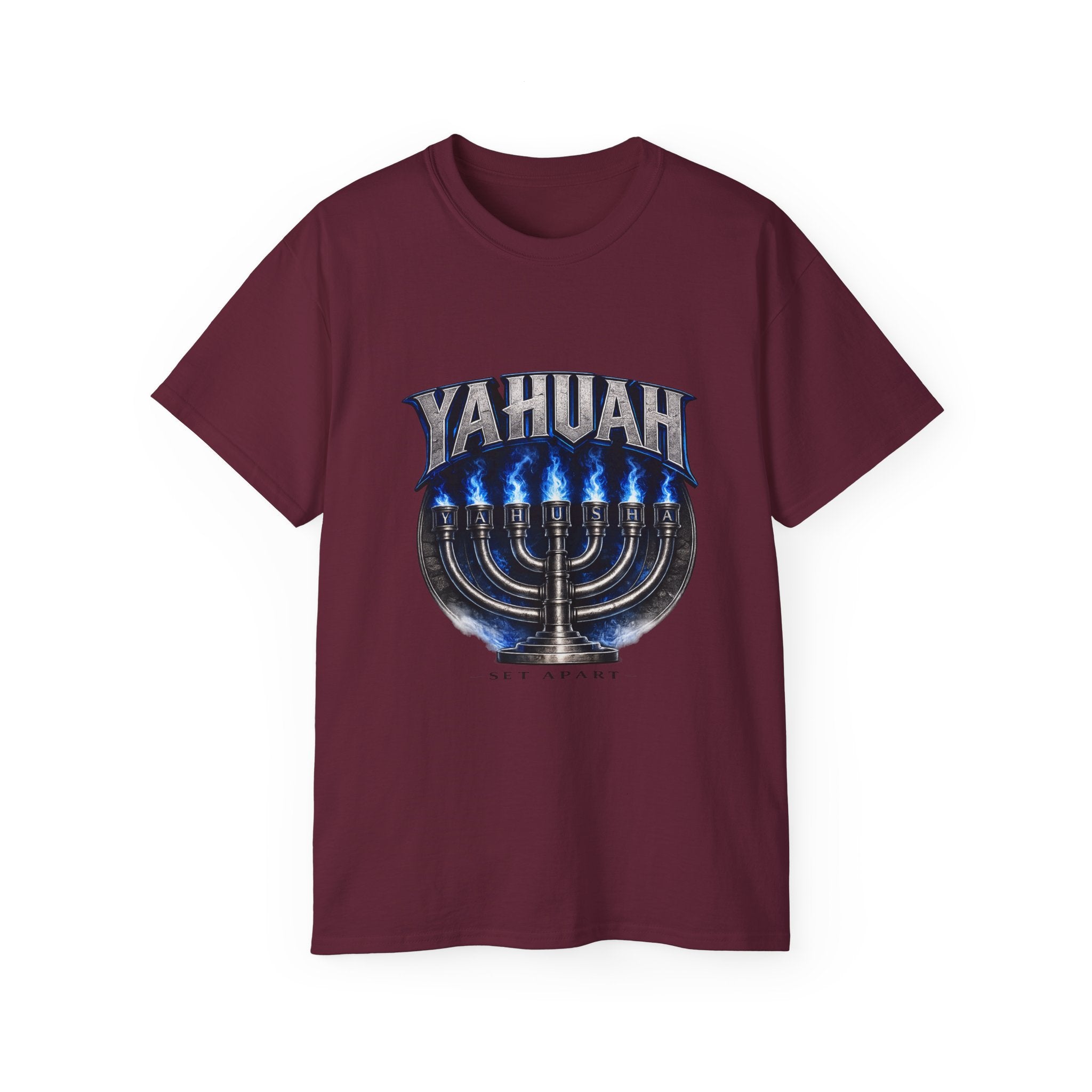 Yahuah Menorah T-Shirt — Yahuah Graphic Tee with Blue Flame Menorah