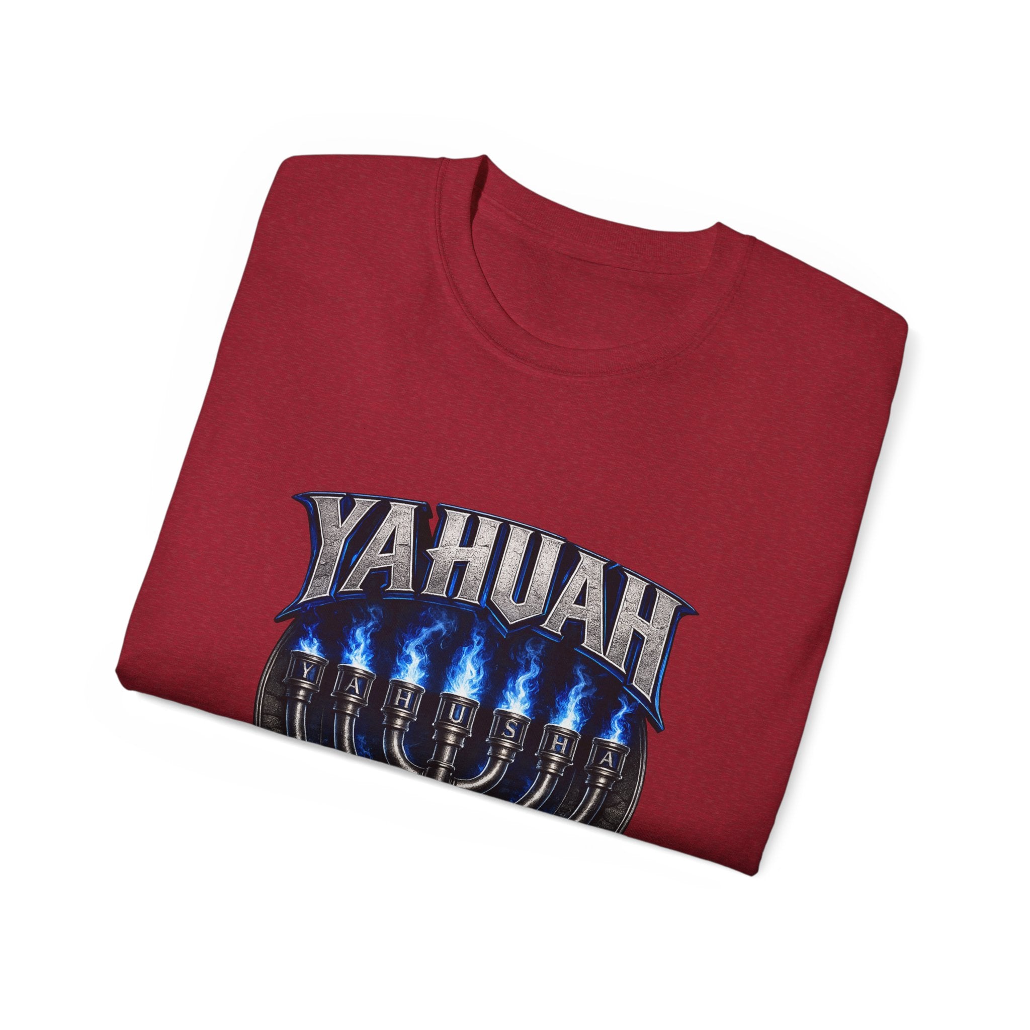 Yahuah Menorah T-Shirt — Yahuah Graphic Tee with Blue Flame Menorah