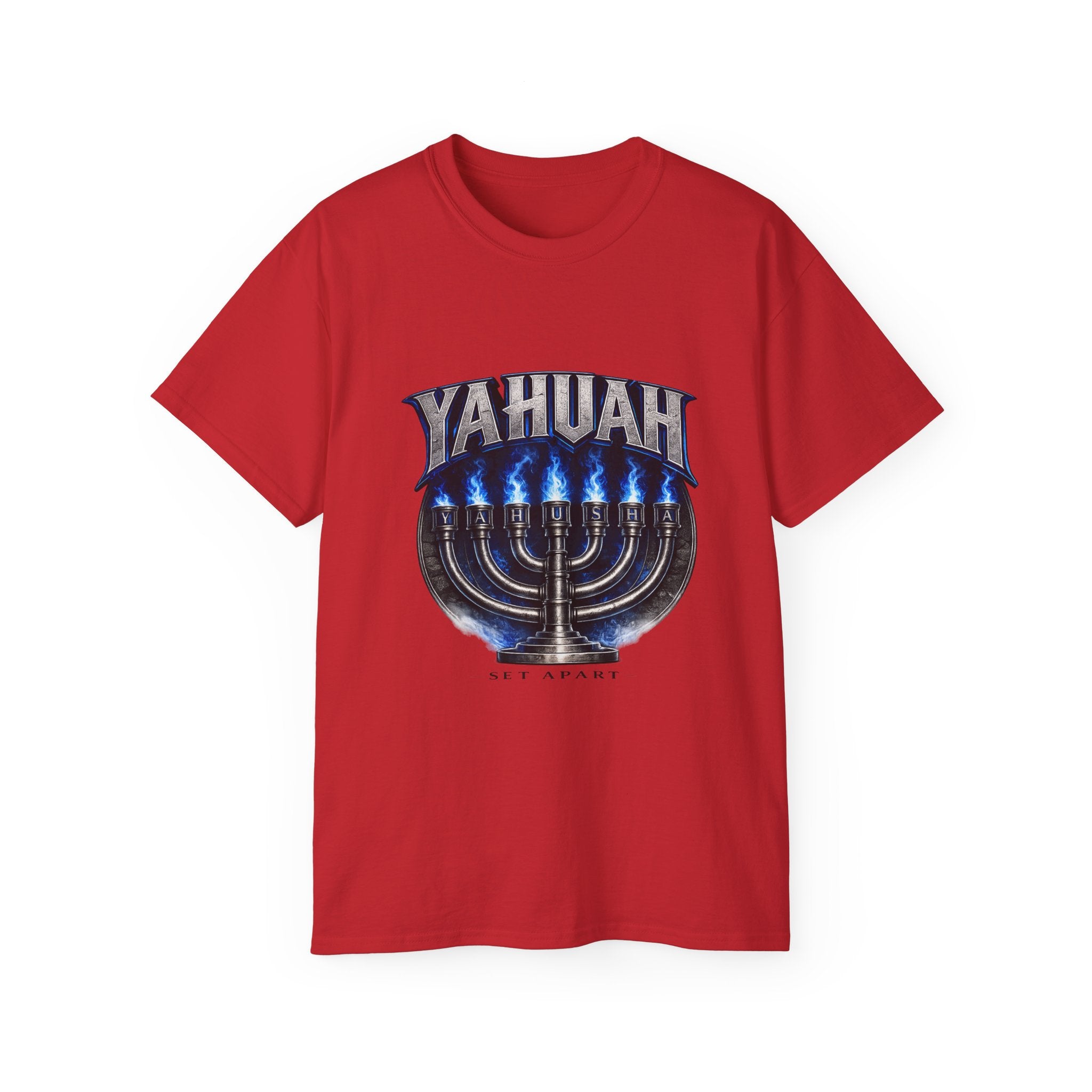 Yahuah Menorah T-Shirt — Yahuah Graphic Tee with Blue Flame Menorah