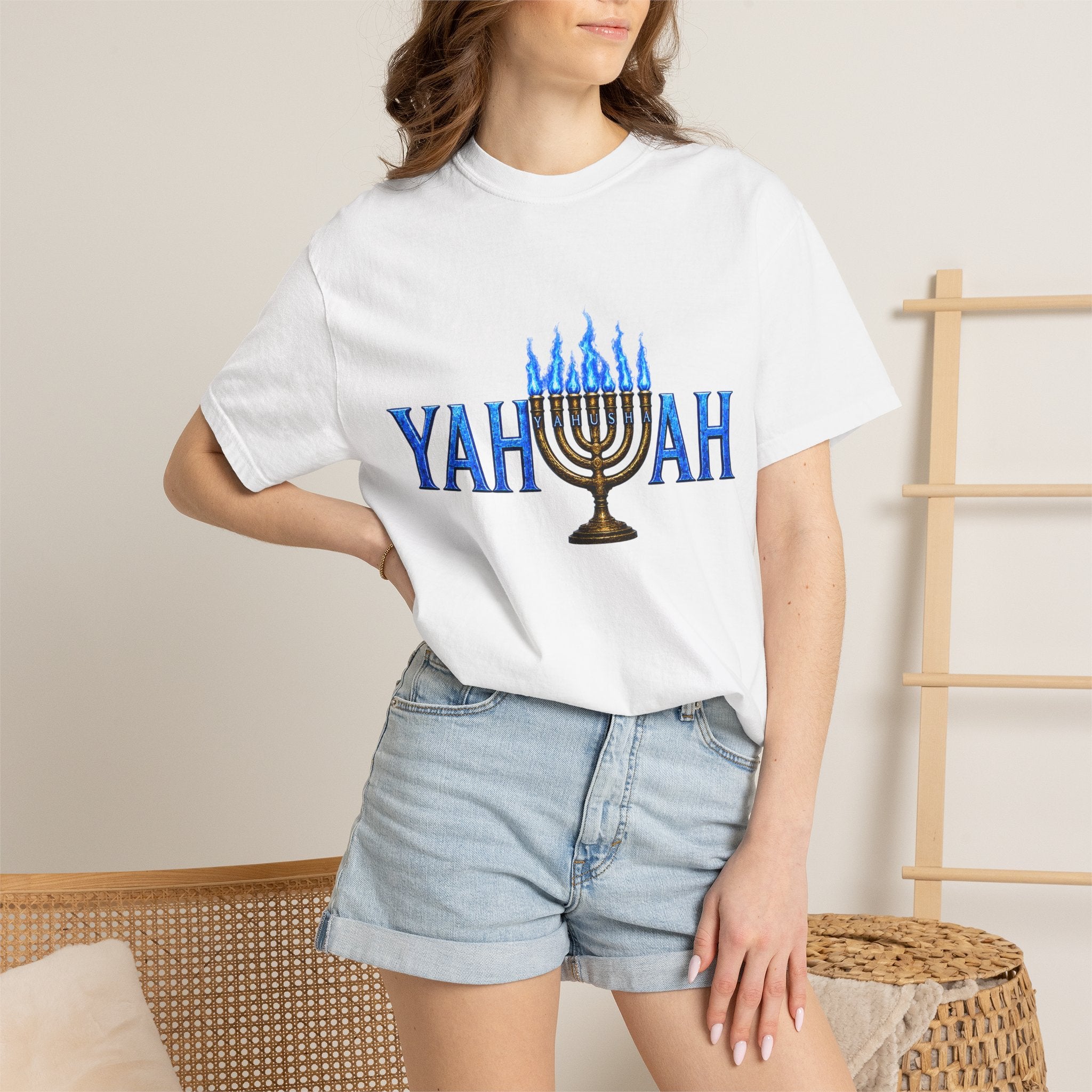 Yahuah Menorah Shirt with Yahusha the son's Name on the Menorah