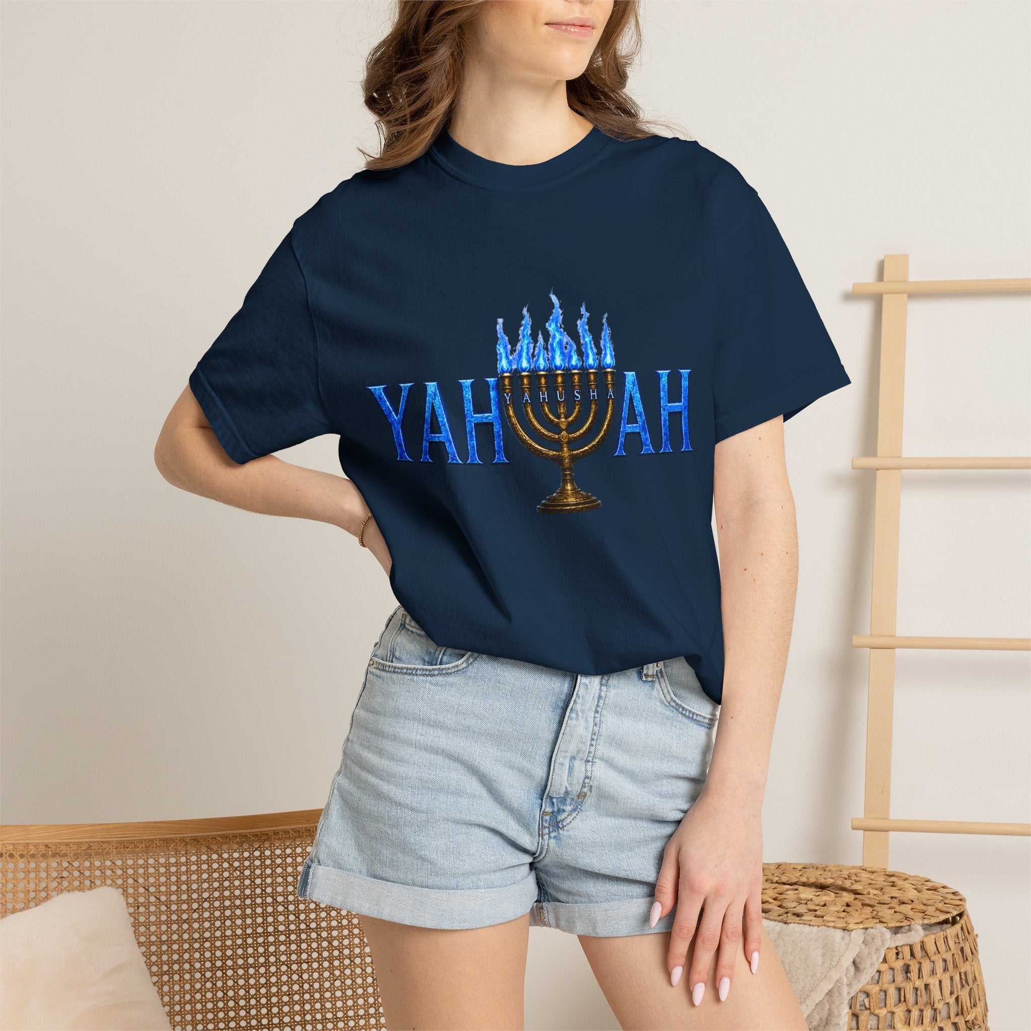 Yahuah Menorah Shirt with Yahusha the son's Name on the Menorah