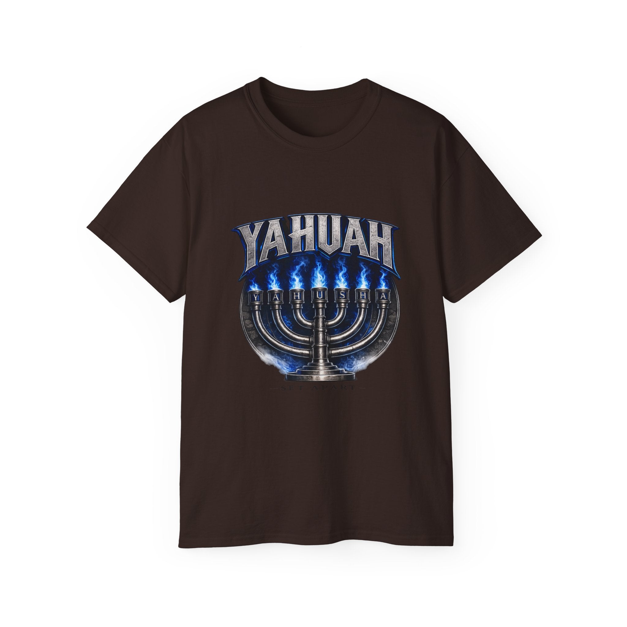 Yahuah Menorah T-Shirt — Yahuah Graphic Tee with Blue Flame Menorah