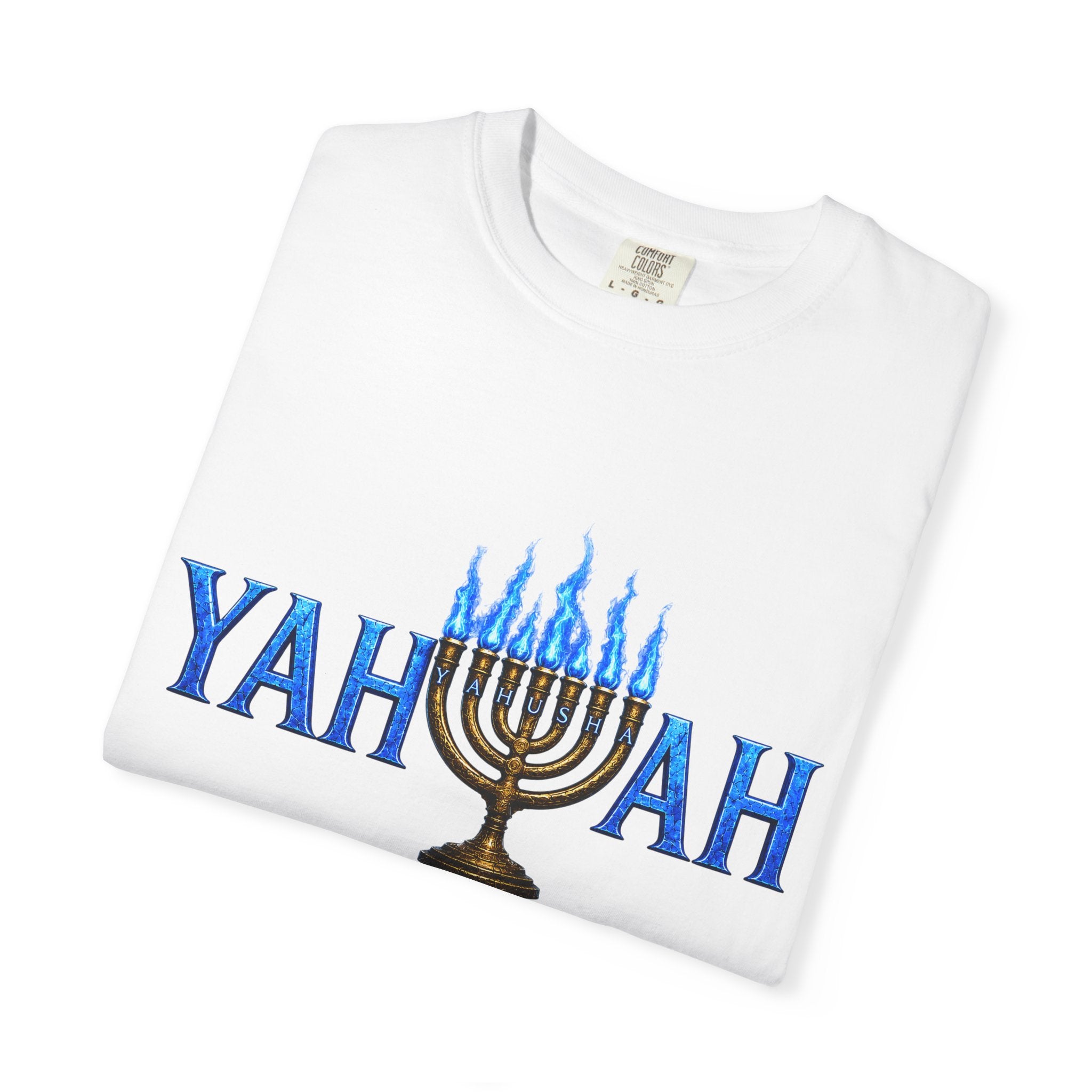 Yahuah Menorah Shirt with Yahusha the son's Name on the Menorah