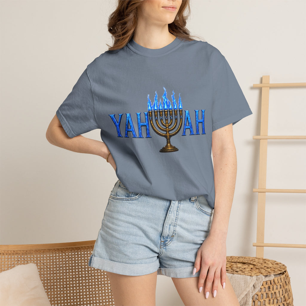 Yahuah Menorah Shirt with Yahusha the son's Name on the Menorah