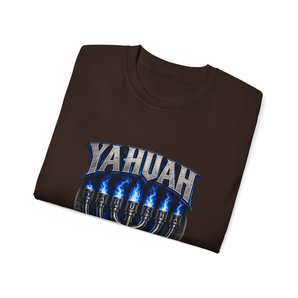 Yahuah Menorah T-Shirt — Yahuah Graphic Tee with Blue Flame Menorah