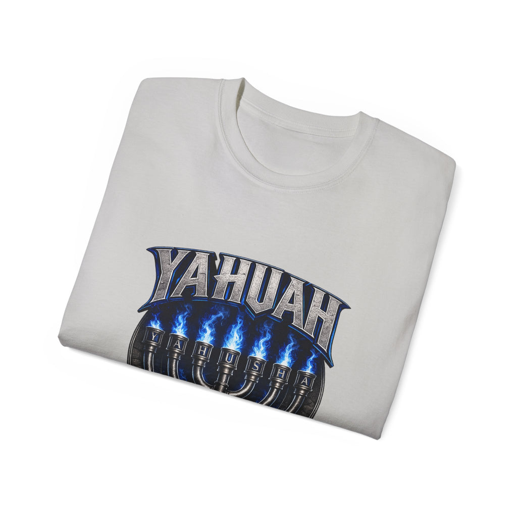 Yahuah Menorah T-Shirt — Yahuah Graphic Tee with Blue Flame Menorah