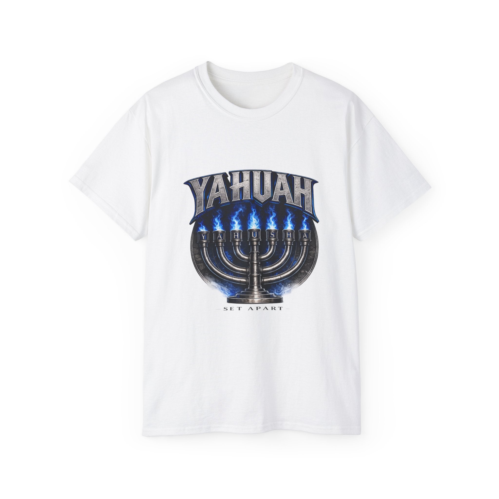 Yahuah Menorah T-Shirt — Yahuah Graphic Tee with Blue Flame Menorah