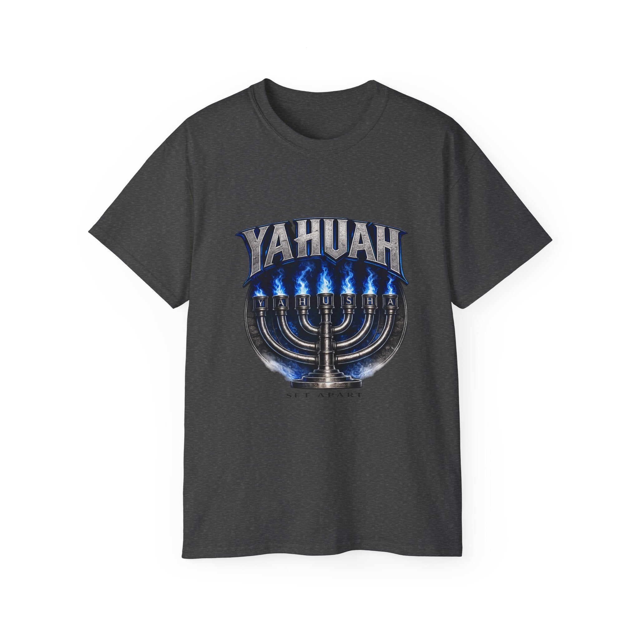 Yahuah Menorah T-Shirt — Yahuah Graphic Tee with Blue Flame Menorah