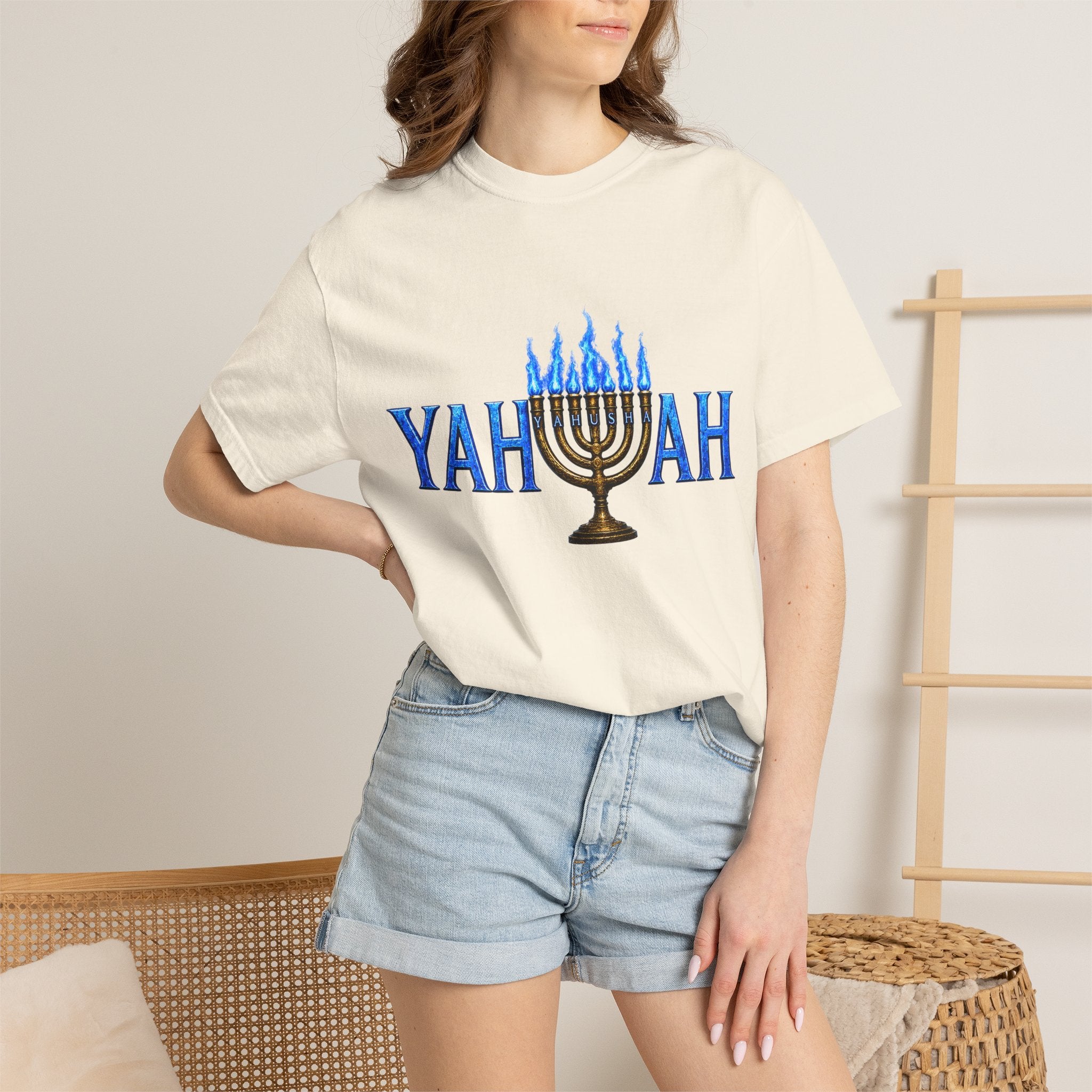 Yahuah Menorah Shirt with Yahusha the son's Name on the Menorah