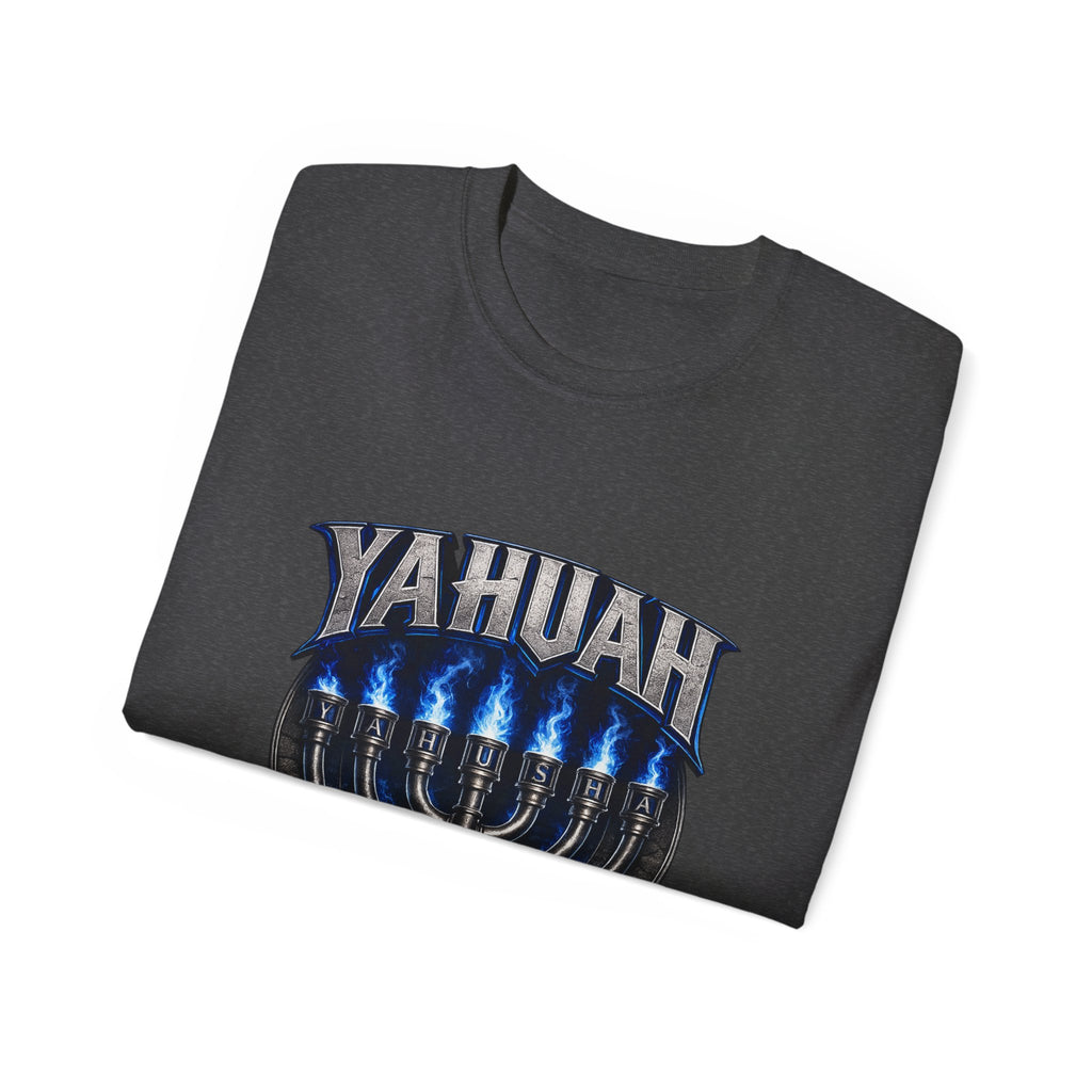 Yahuah Menorah T-Shirt — Yahuah Graphic Tee with Blue Flame Menorah