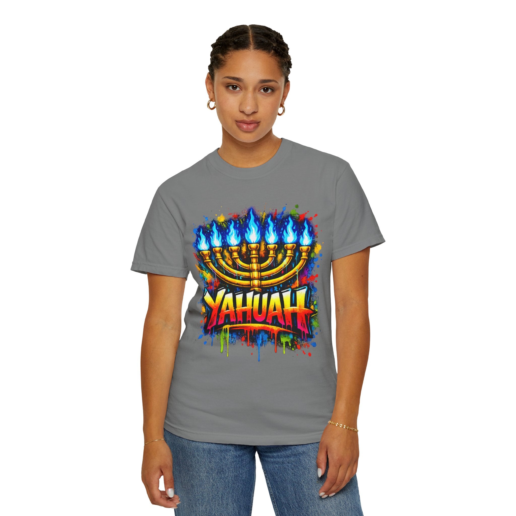 Menorah Graffiti T-Shirt — "YAHUAH" Flame Design