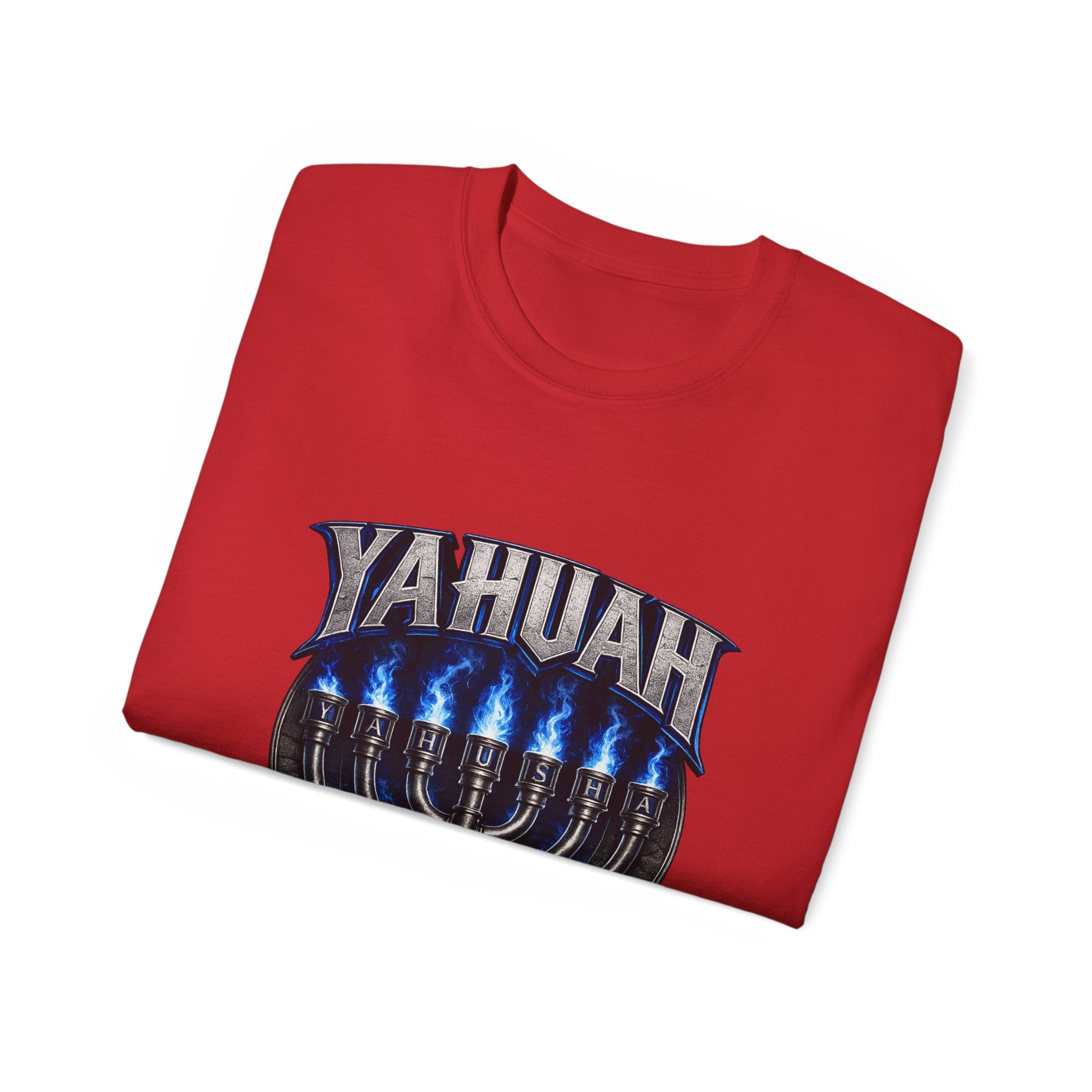 Yahuah Menorah T-Shirt — Yahuah Graphic Tee with Blue Flame Menorah