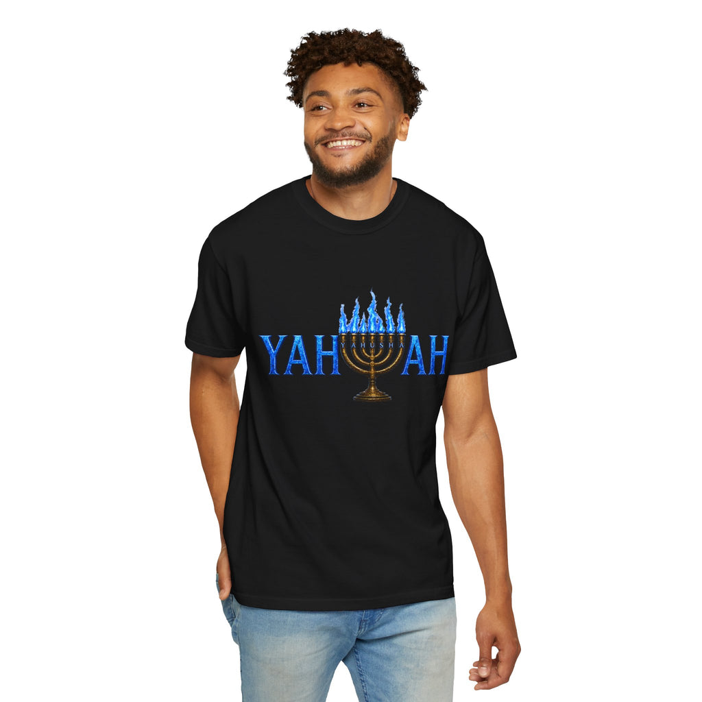 Yahuah Menorah Shirt with Yahusha the son's Name on the Menorah