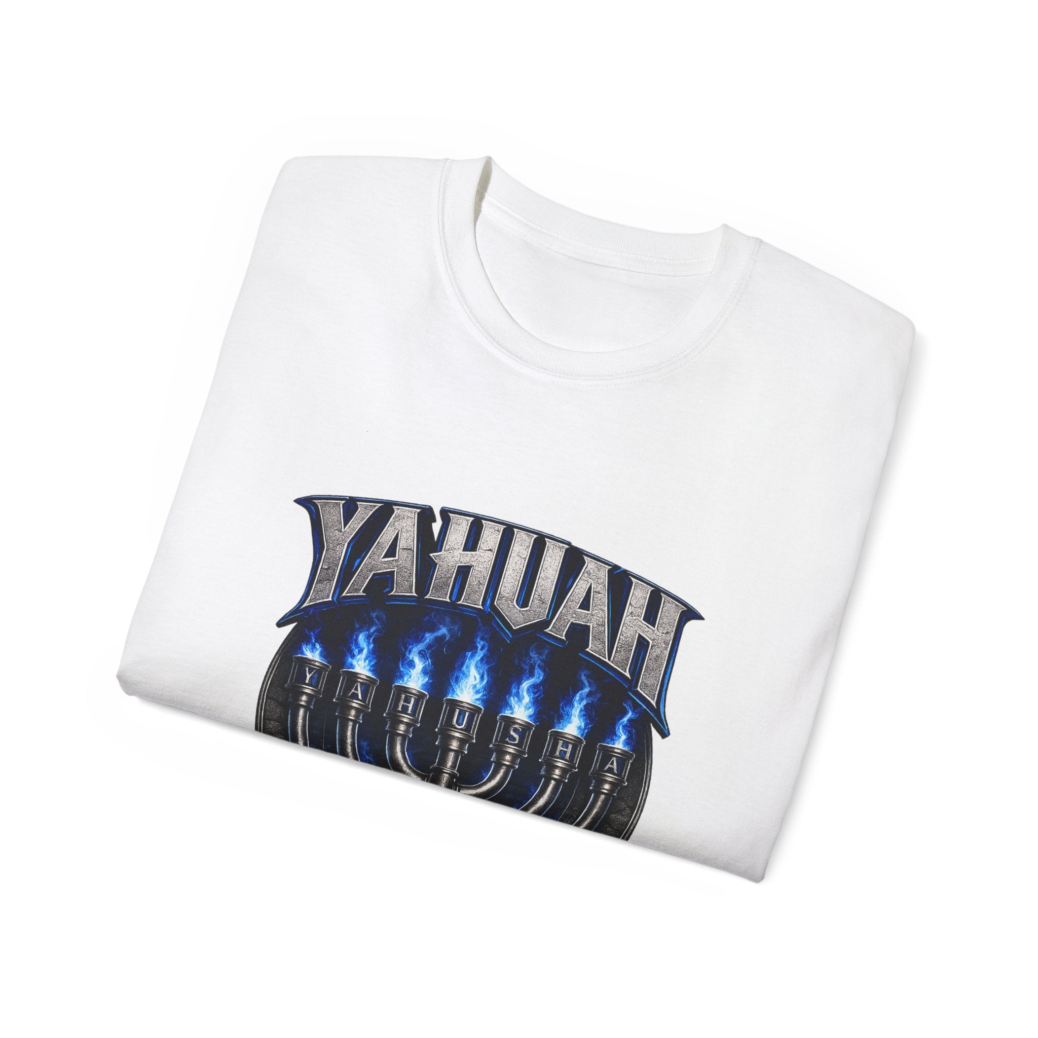 Yahuah Menorah T-Shirt — Yahuah Graphic Tee with Blue Flame Menorah