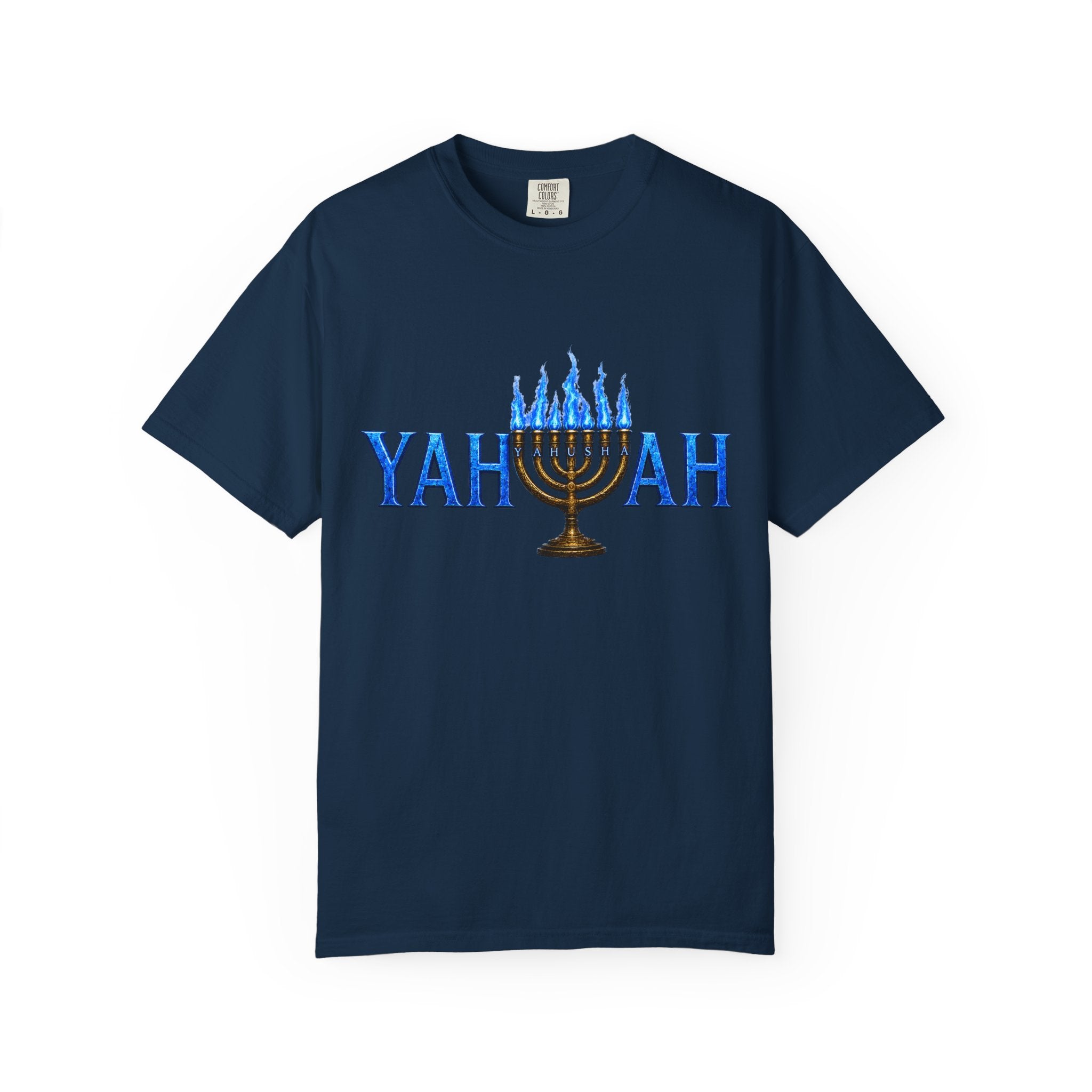Yahuah Menorah Shirt with Yahusha the son's Name on the Menorah