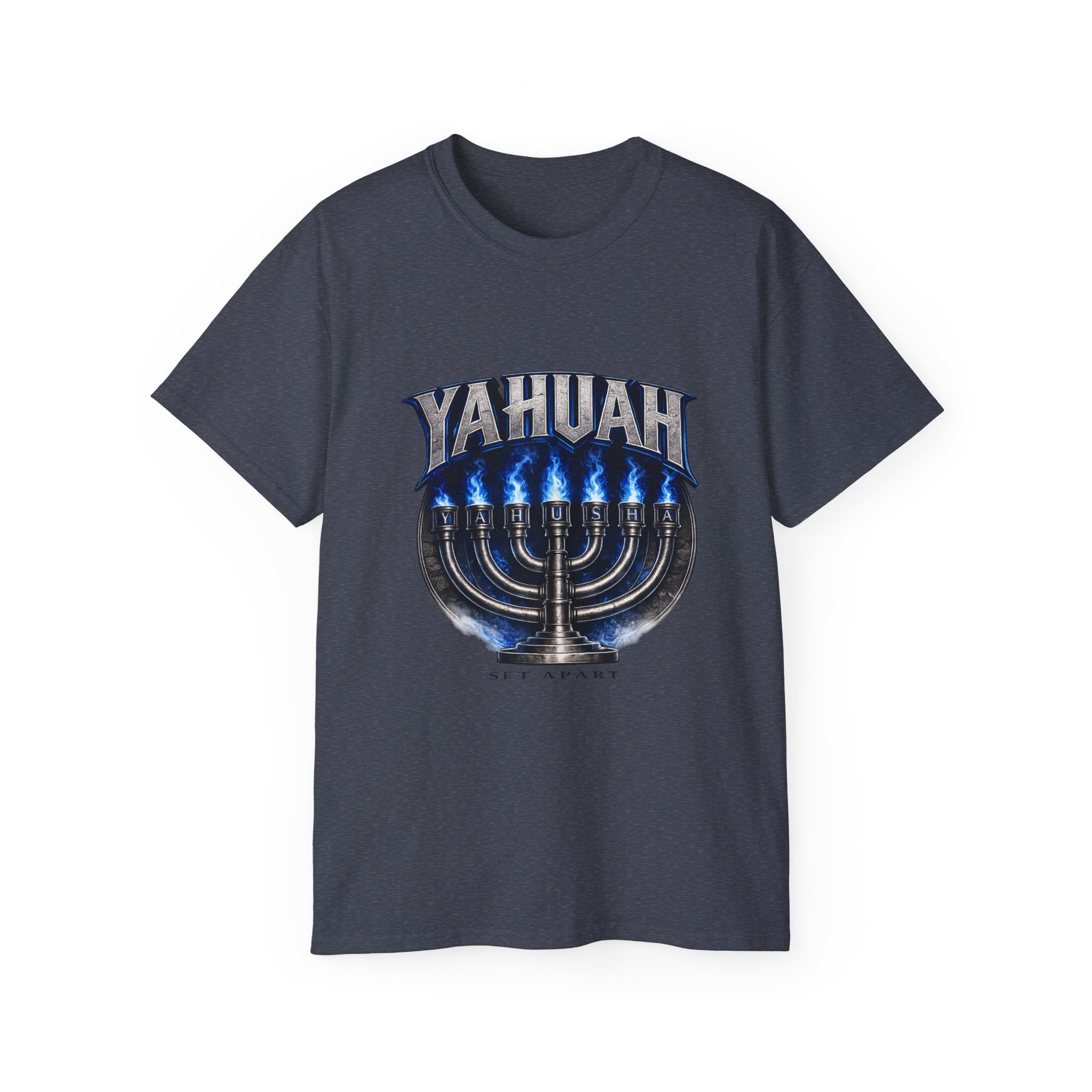 Yahuah Menorah T-Shirt — Yahuah Graphic Tee with Blue Flame Menorah