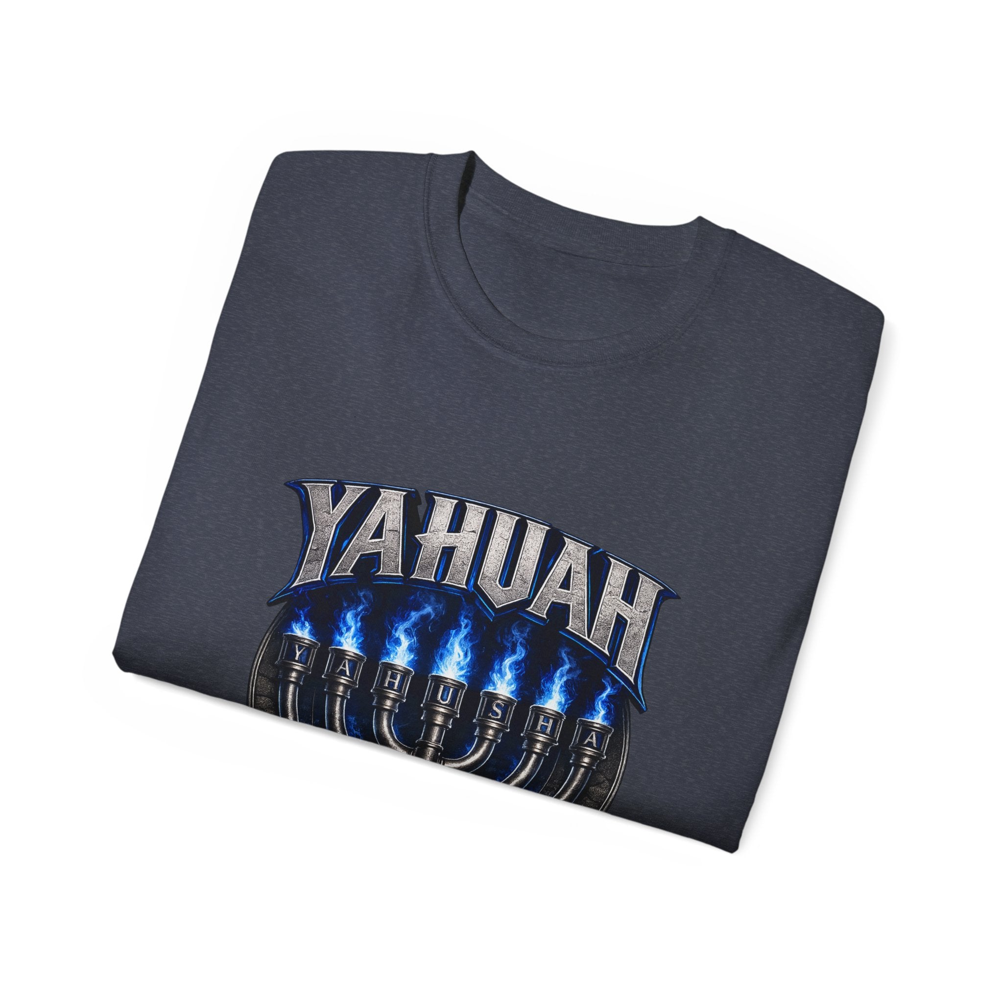 Yahuah Menorah T-Shirt — Yahuah Graphic Tee with Blue Flame Menorah