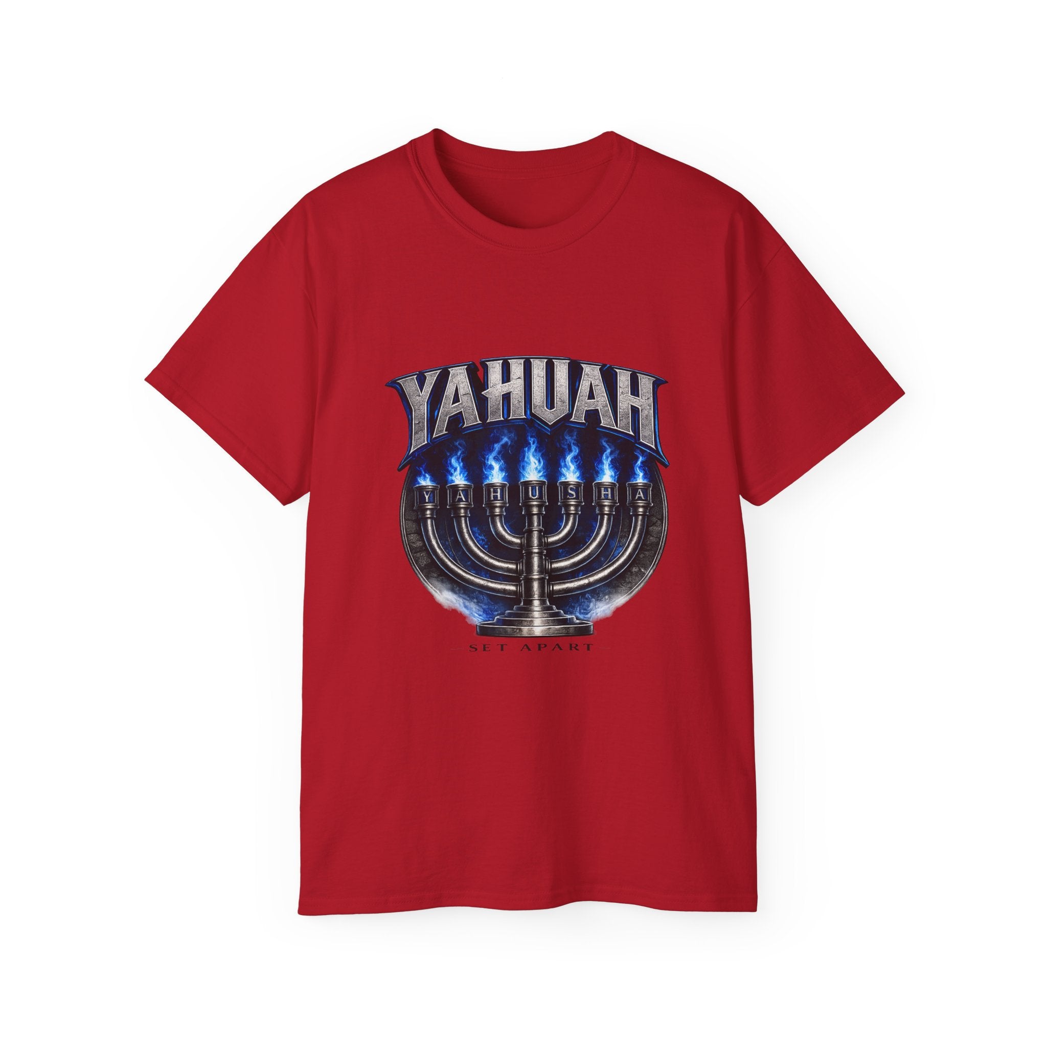 Yahuah Menorah T-Shirt — Yahuah Graphic Tee with Blue Flame Menorah